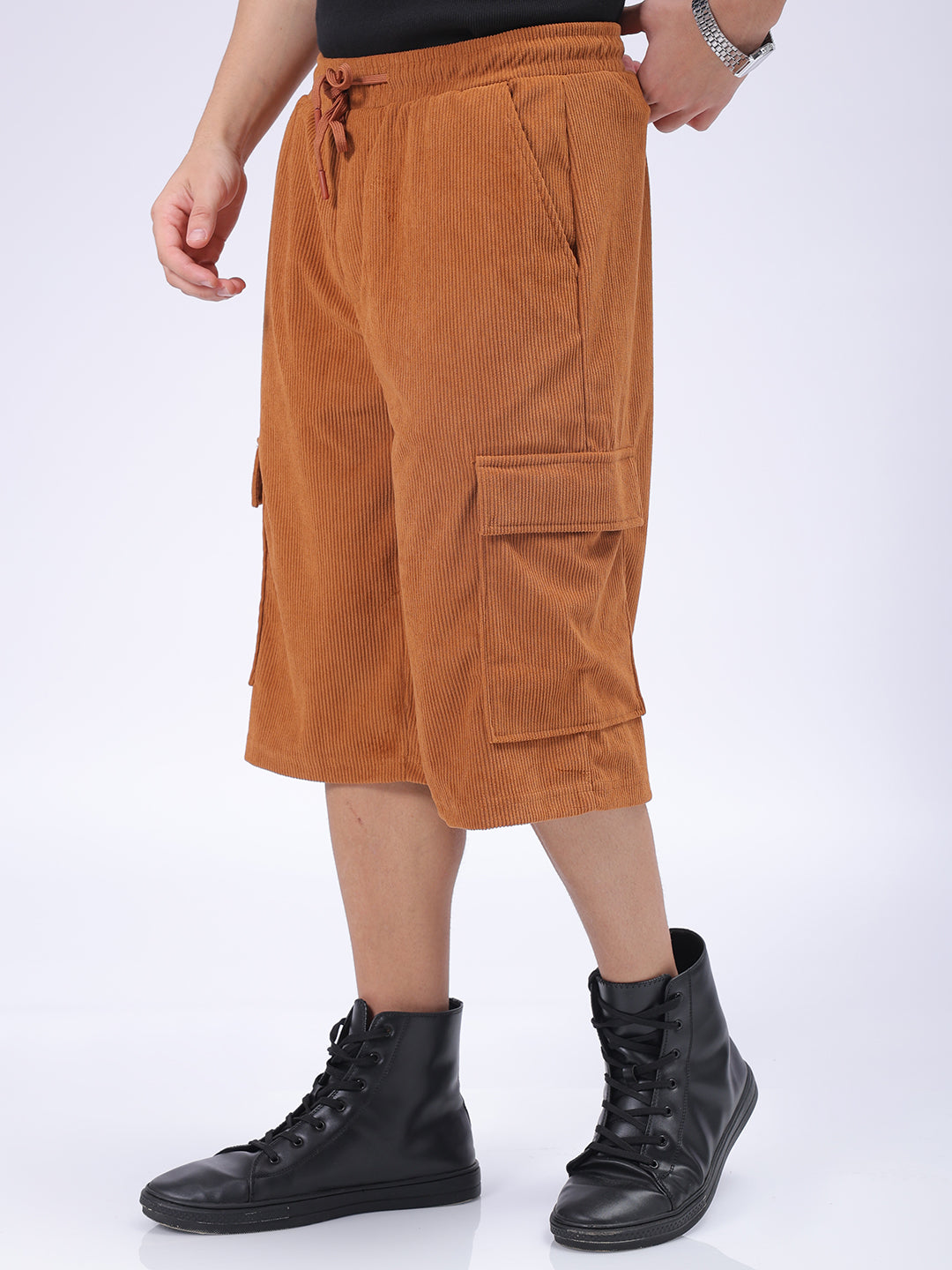 The Indian Garage Co Men's Brown Loose Textured Utility Cargo Shorts - view 2