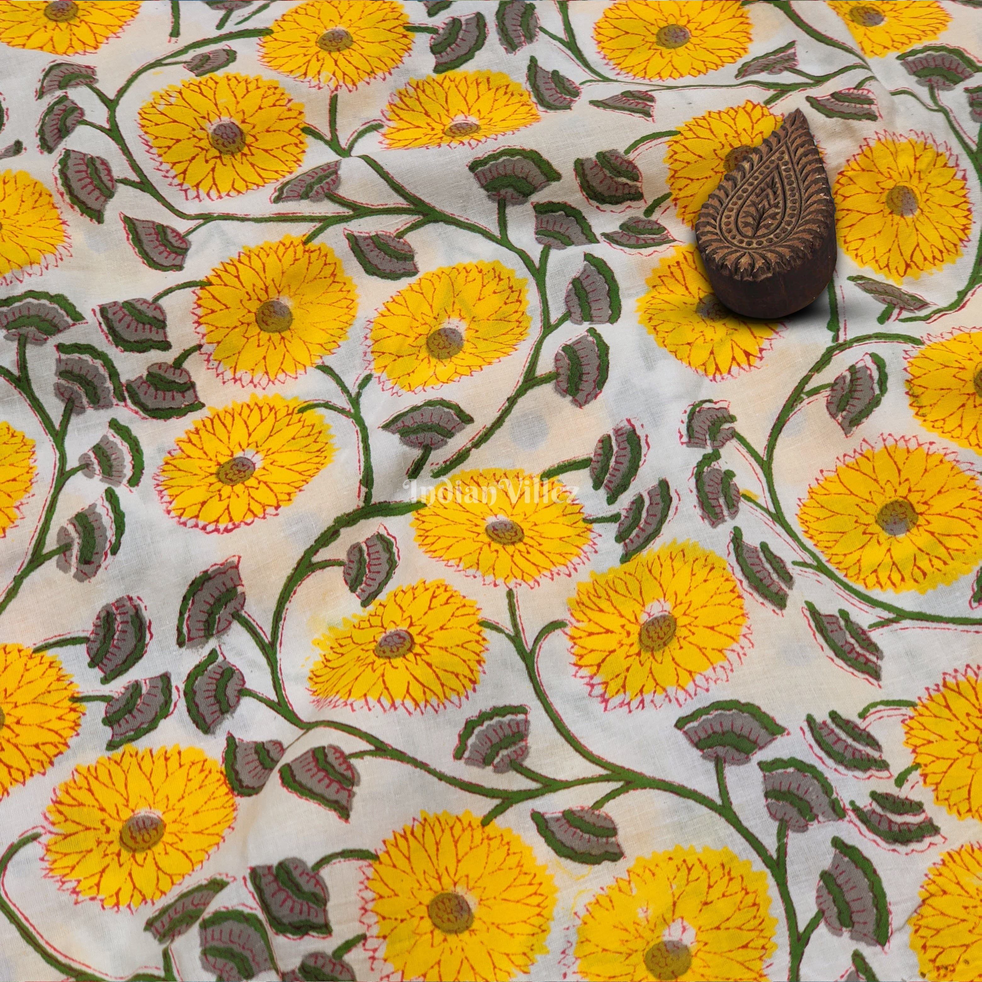 IndianVillèz Yellow Flower Motif Hand Block Printed Cotton Fabric