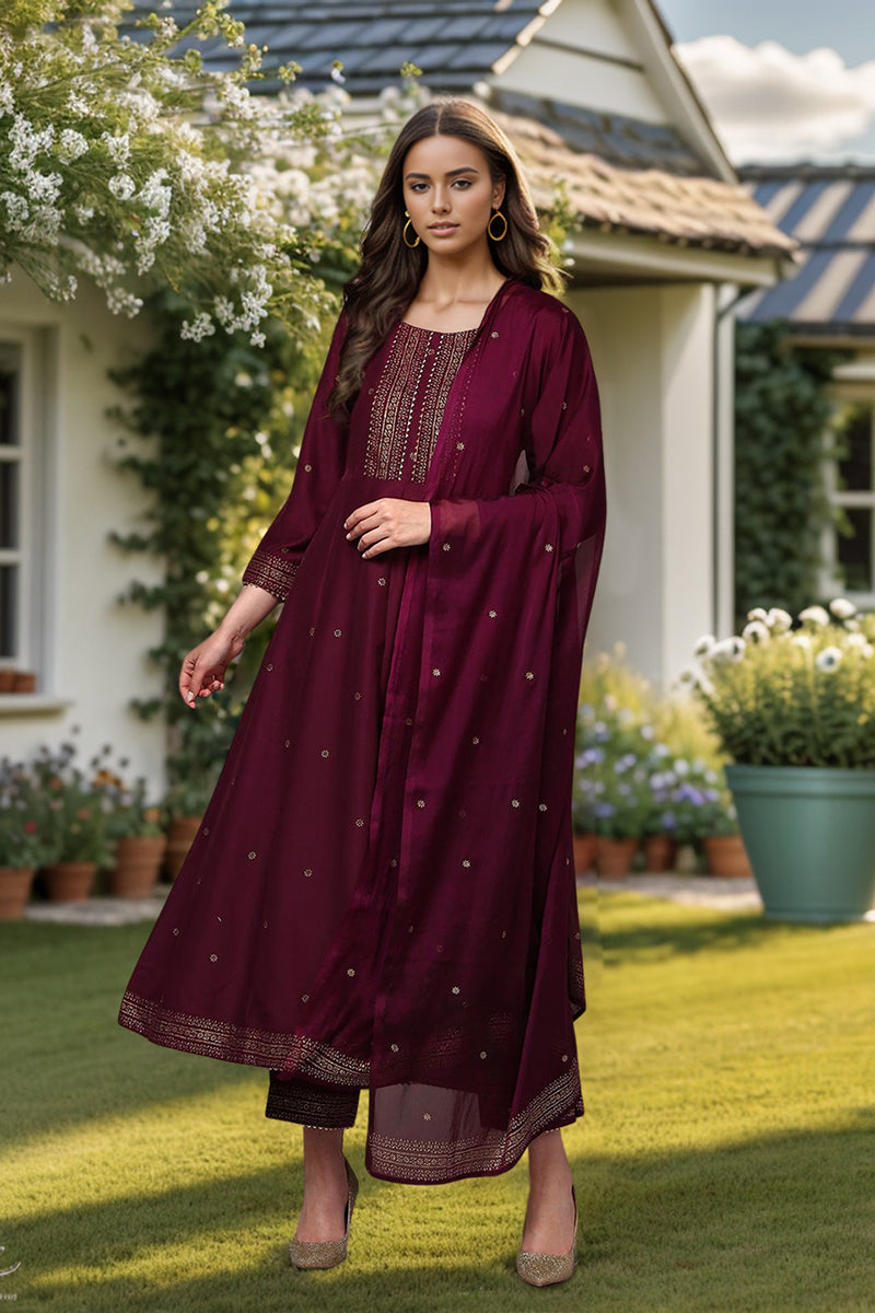 Ahika Burgundy Silk Blend Woven Design Flared Suit Set PKSKD1986