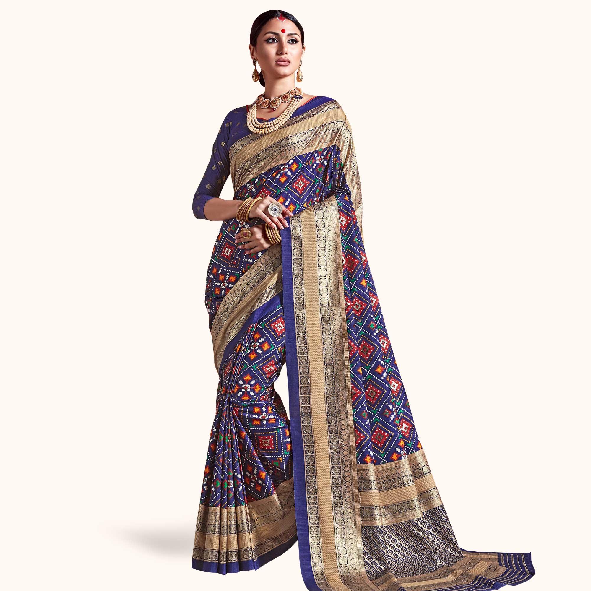 Peachmode Elegant Blue Colored Festive Wear Printed Kanjivaram Silk Saree