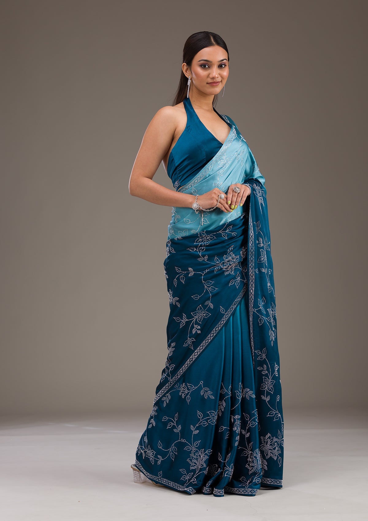 Koskii Turquoise Blue Stonework Satin Saree – Women's - view 6