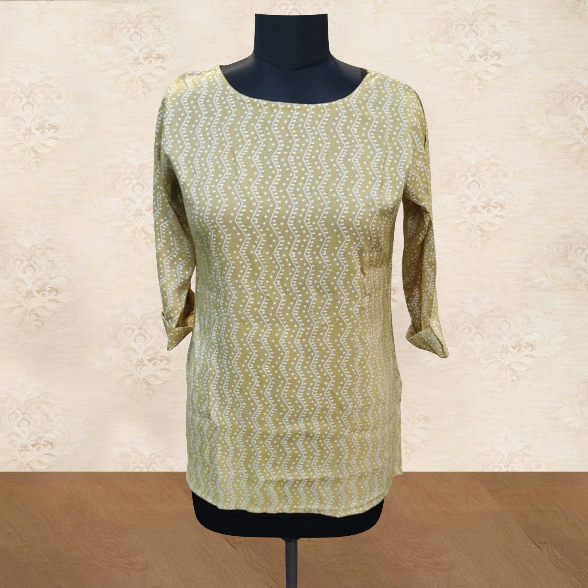 Peachmode Cream Geometric Printed Rayon Top