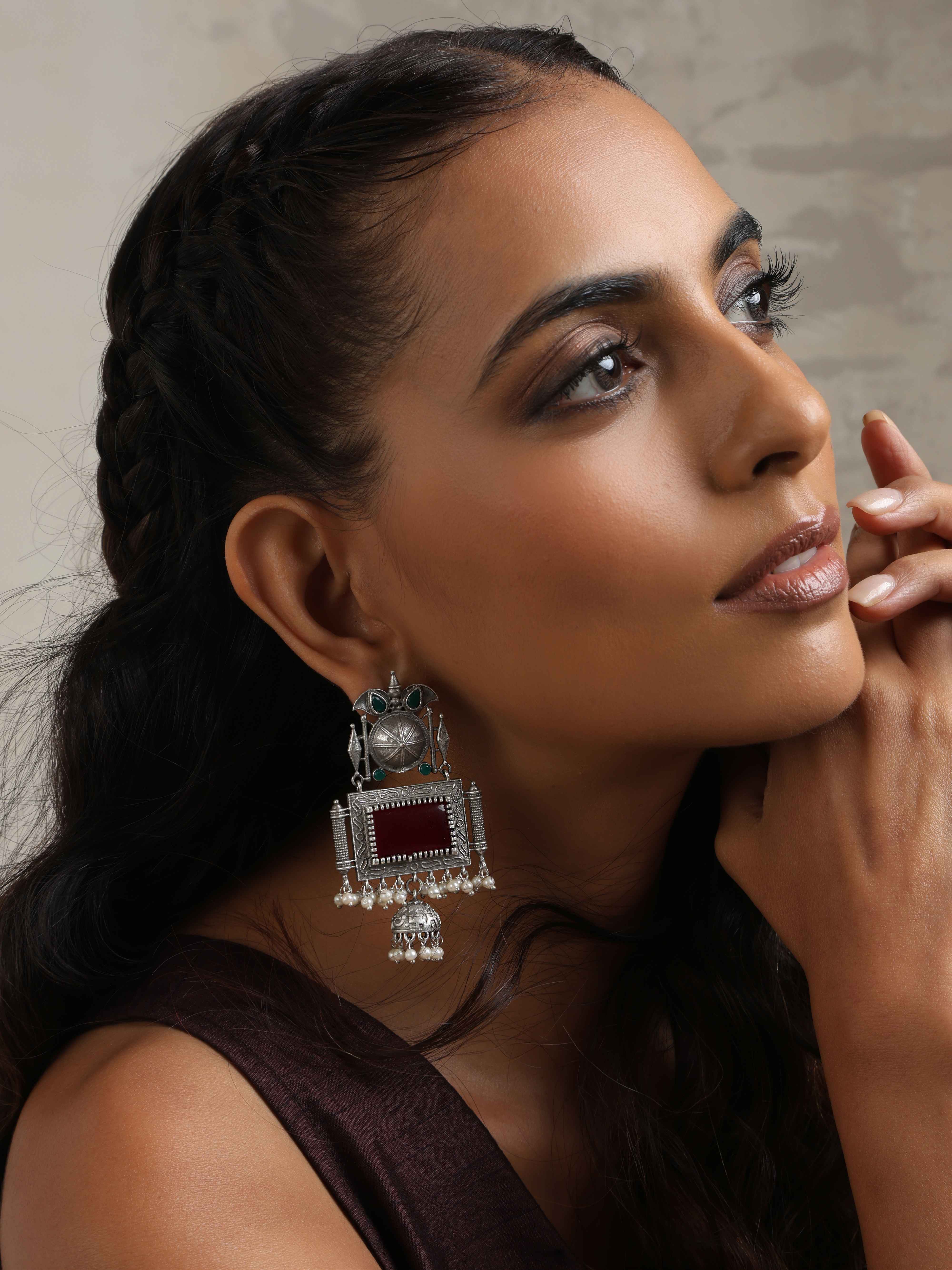 trueBrowns Silver Tone Red Stone Dangle Earrings - view 3