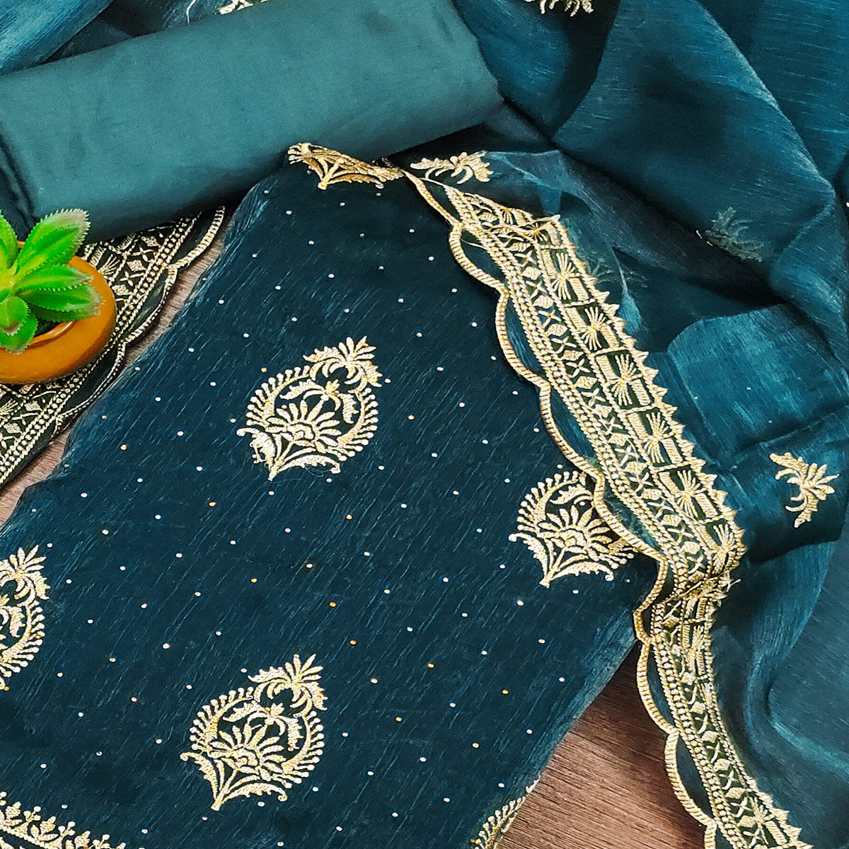 Peachmode Morpich Floral Embroidery With Stonework Mulberry Silk Dress Material - view 2