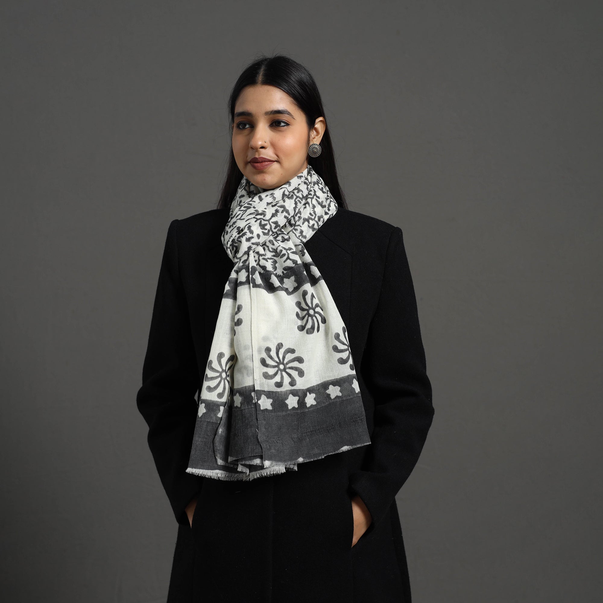 KUSUMLATA Black - Pure Wool Block Print Sanganeri Stole 48 - view 2
