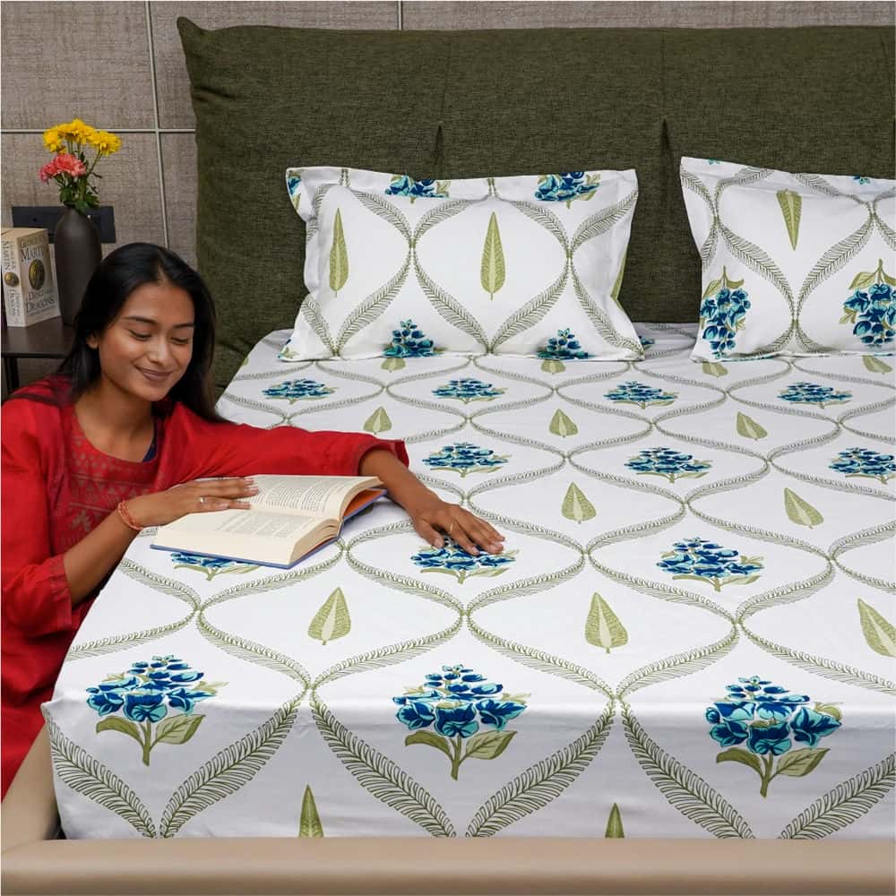 Urban Space -Home Furnishing Store Serene Collection - Breathable 200 TC 100% Pure Cotton Bedsheet with Pillow Cover, Floral Moroccan - Blue