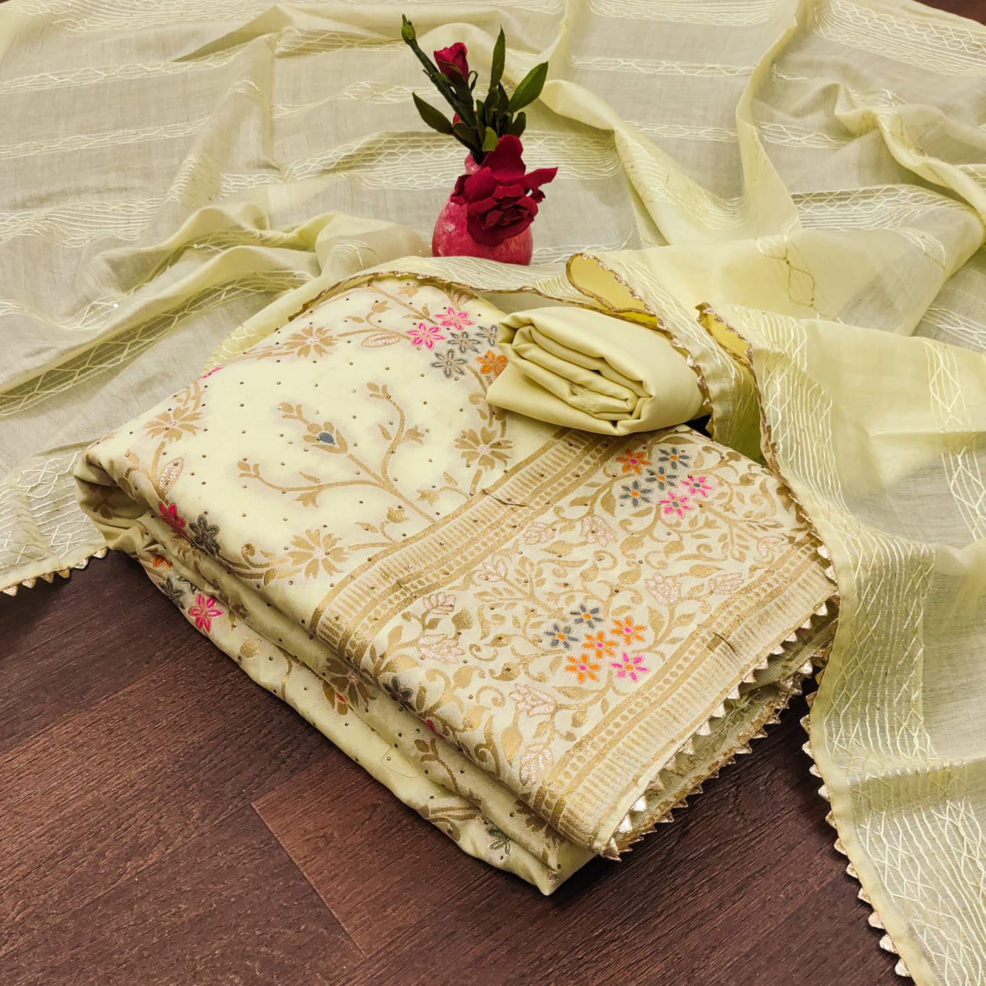 Peachmode Light Yellow Floral Zari Weaving Banarasi Silk Dress Material