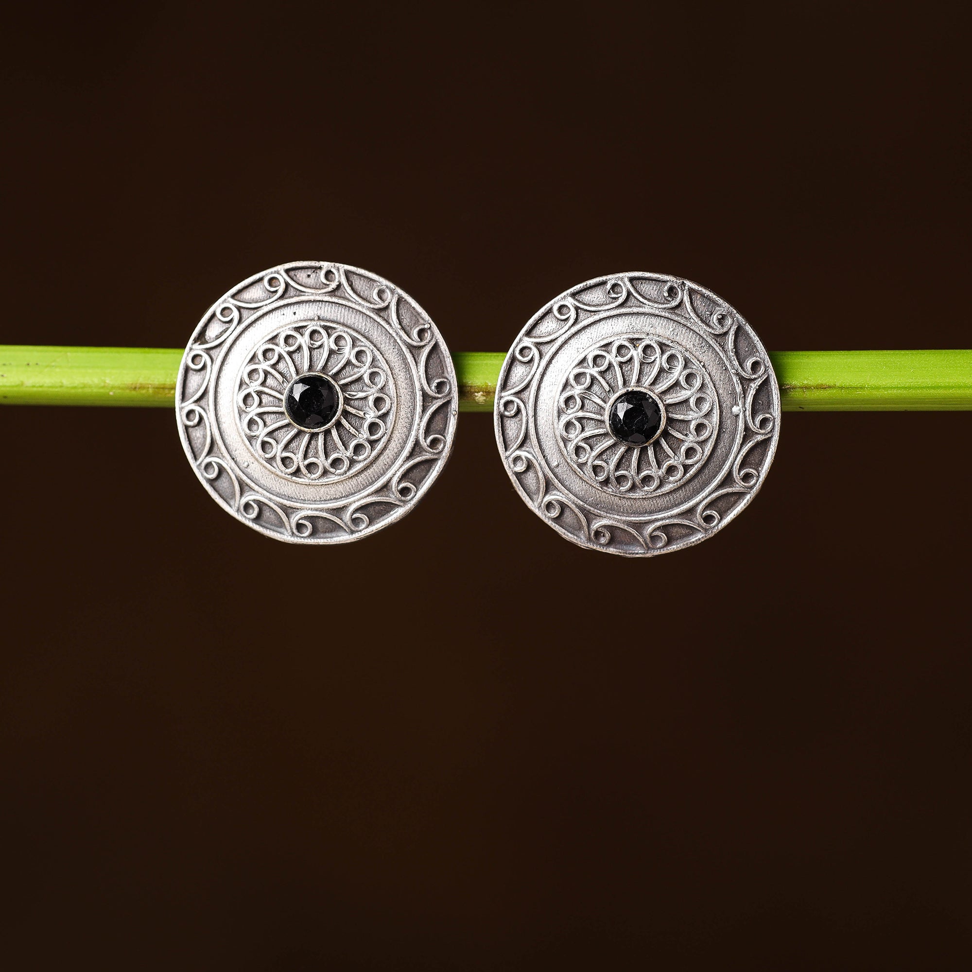 WHITE RIVER STORIES Antique Silver Finish Oxidised Brass Base Stone Work Stud Earrings