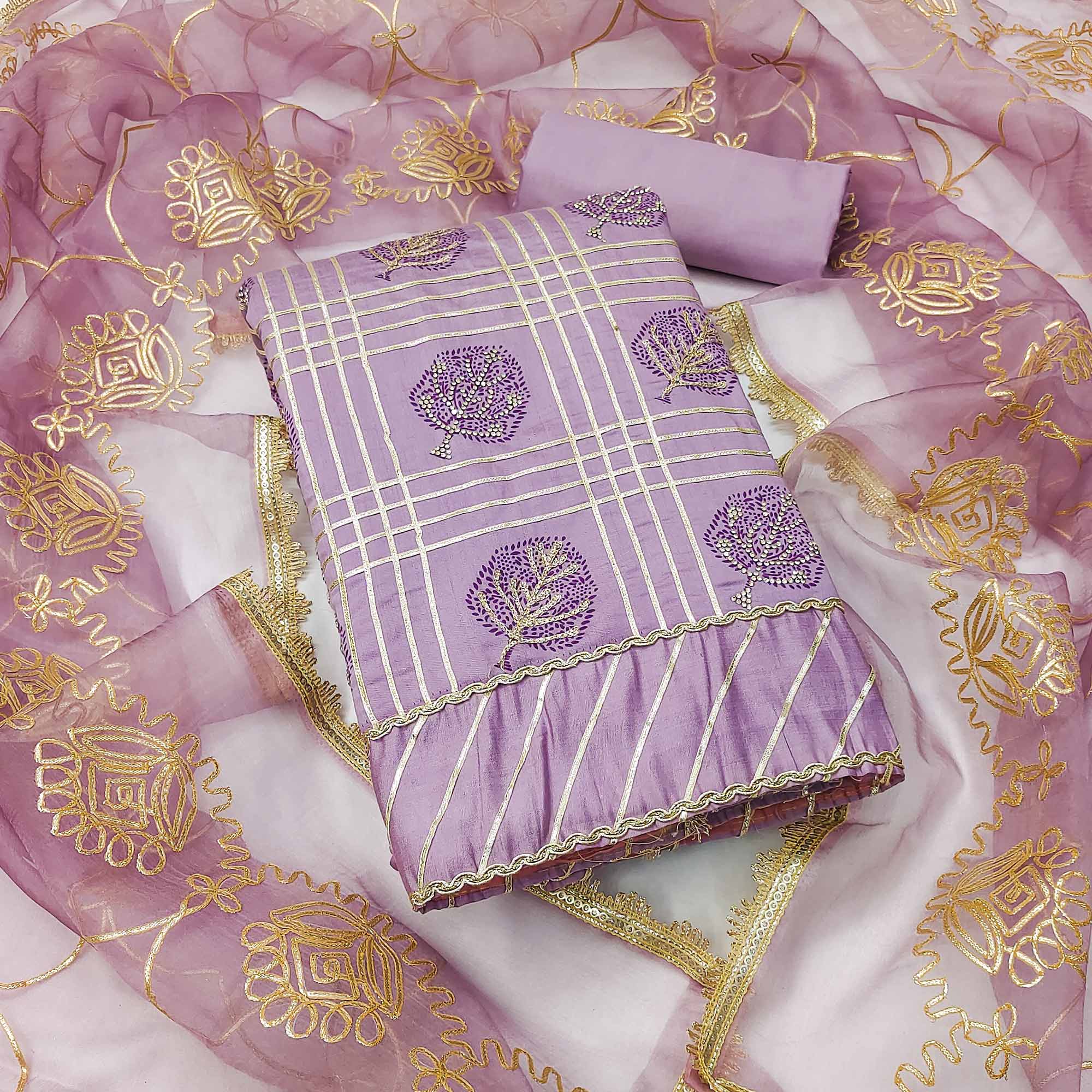 Peachmode Lavender Printed With Gota Patti & Stonework Roman Cotton Silk Dress Material