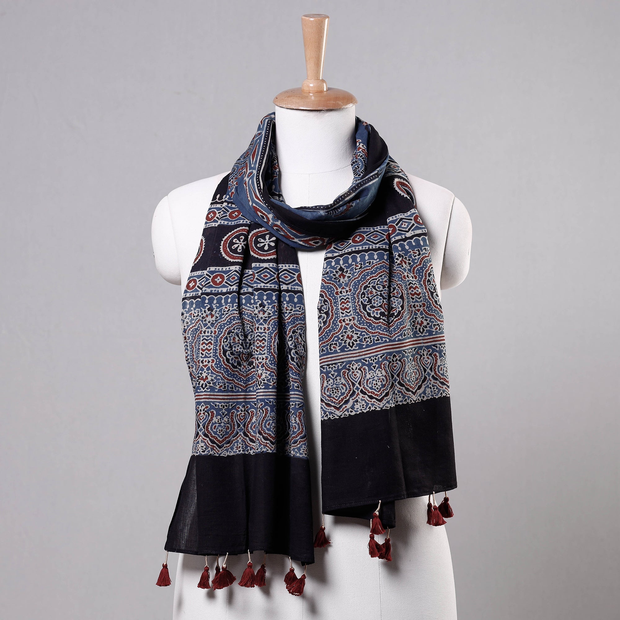 RIYAZ ABDULMAJID KHATRI - AJRAKH Blue - Ajrakh Block Printed Mul Cotton Stole with Tassels