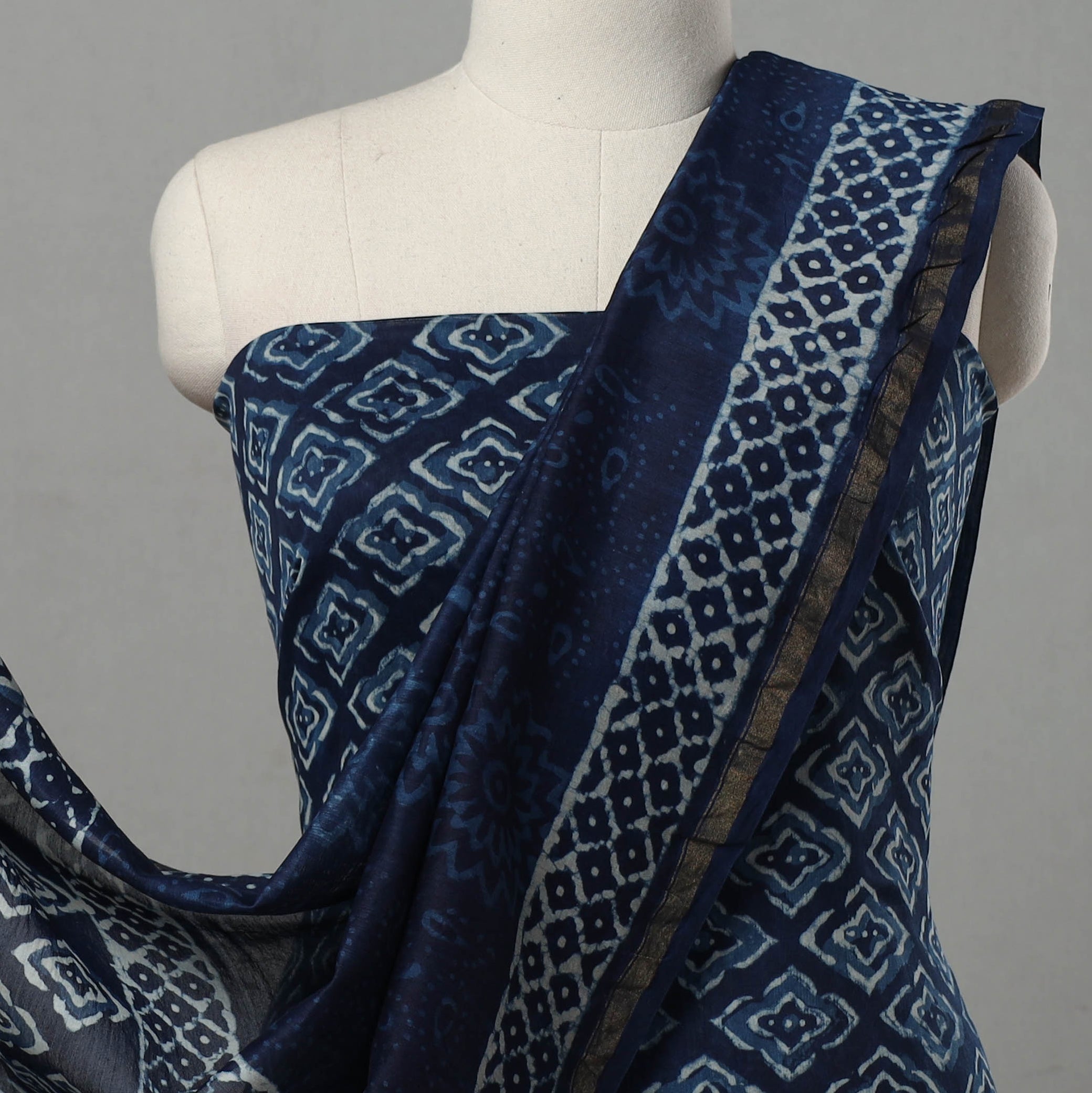 ARTISAN HAND BLOCK PRINTS Blue - 3pc Chanderi Silk Indigo Bagru Print Dress Material 02 - view 3
