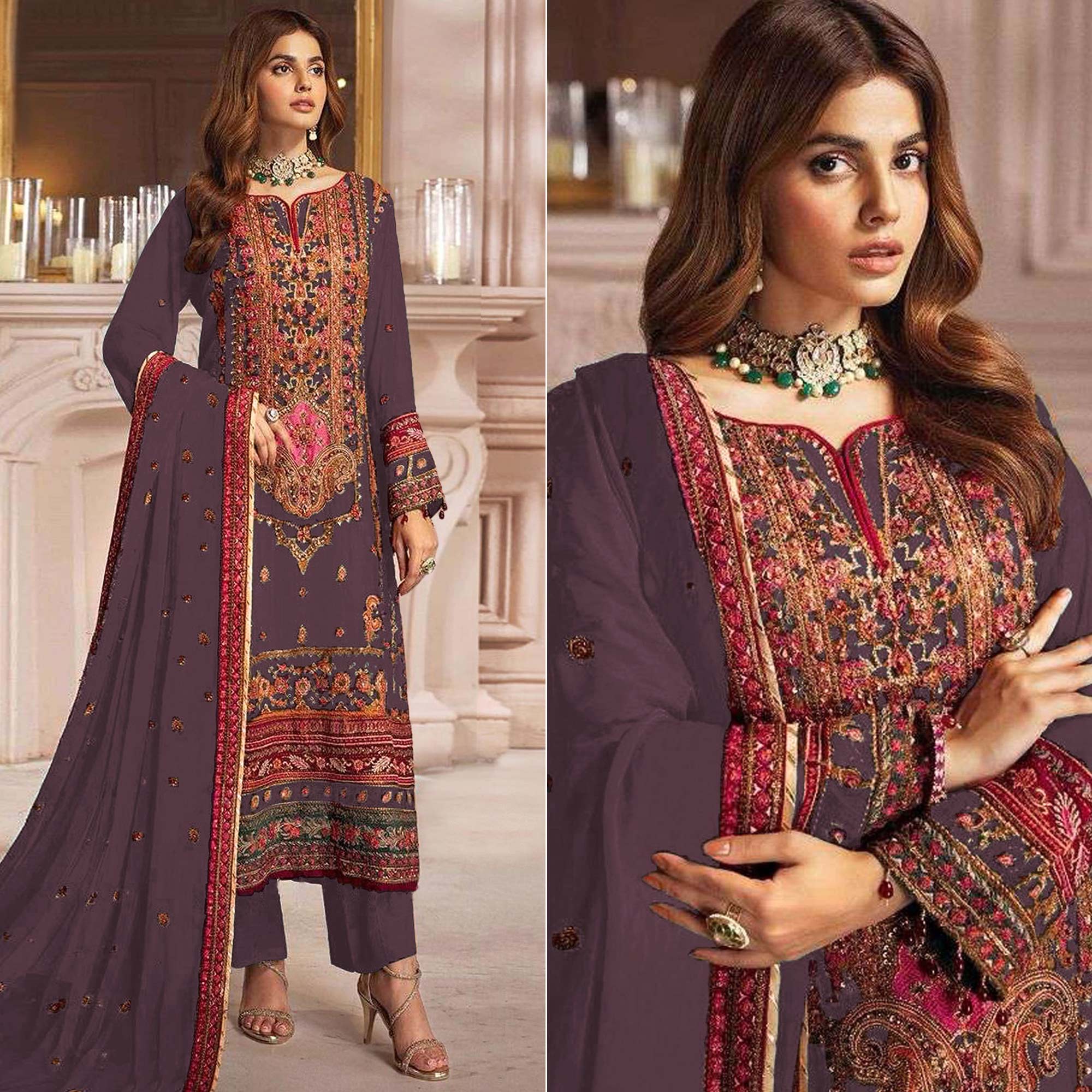 Peachmode Dark Mauve Embroidered Georgette Pakistani Dress Material
