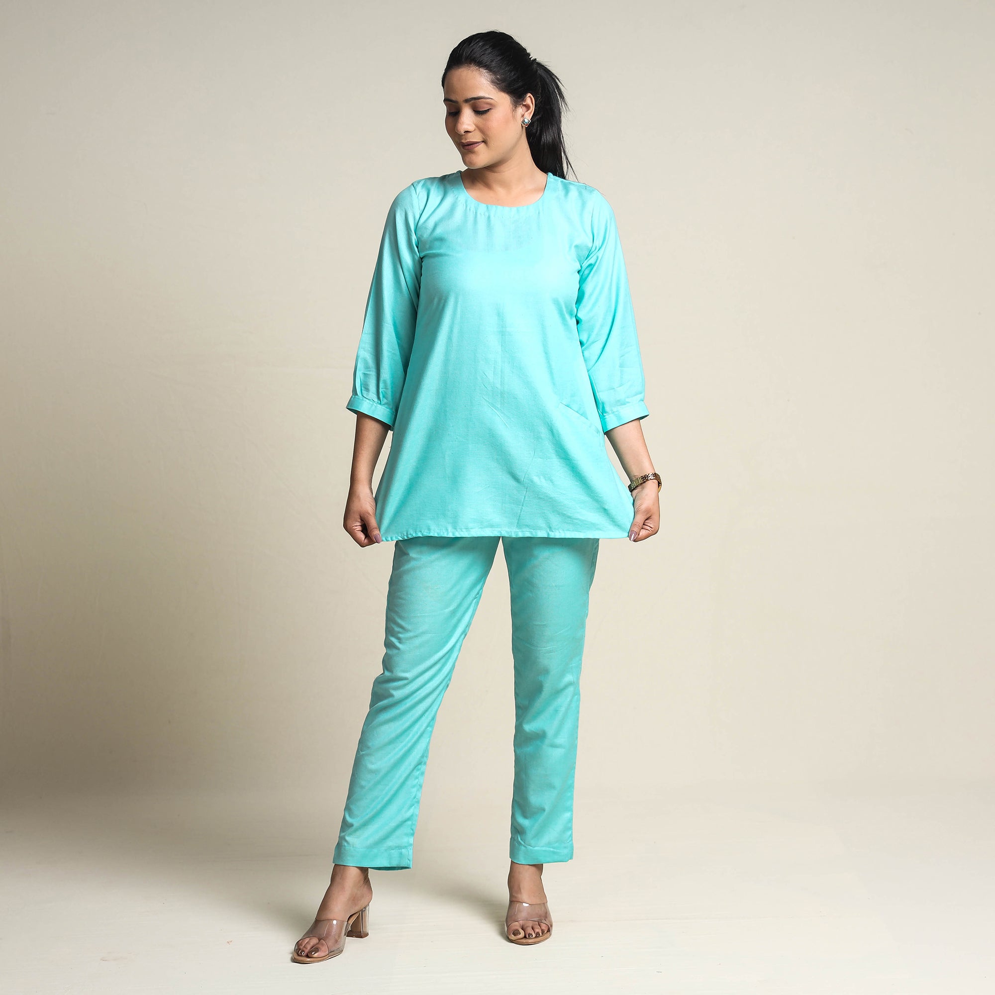 ITOKRI CASUALS Aqua Blue - Plain Linen Cotton Co-Ord Set - view 3