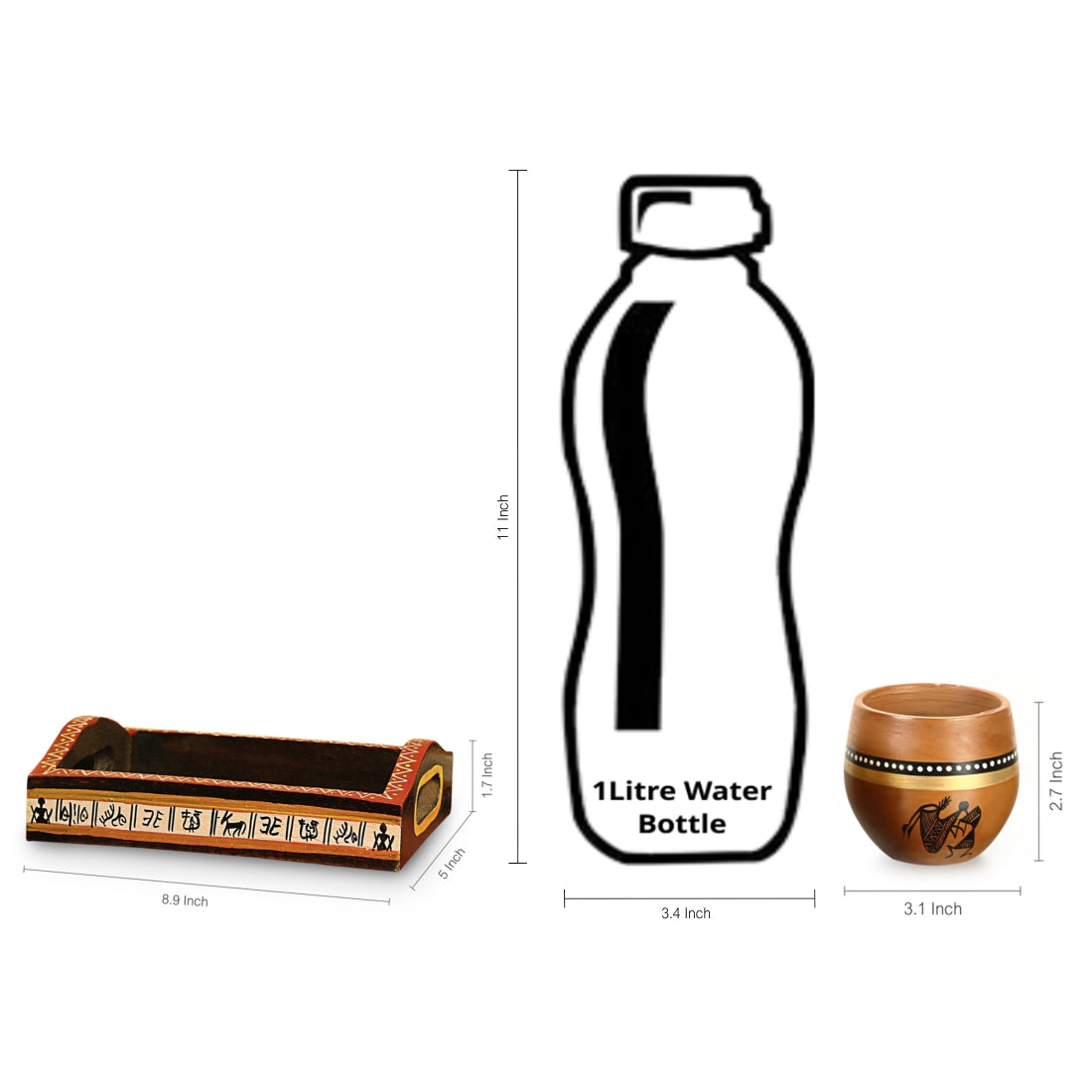 EXCLUSIVELANE 'Matkis On The Table' Terracotta Warli Salt & Pepper Shaker With Toothpick Holder & Wooden Tray - view 6