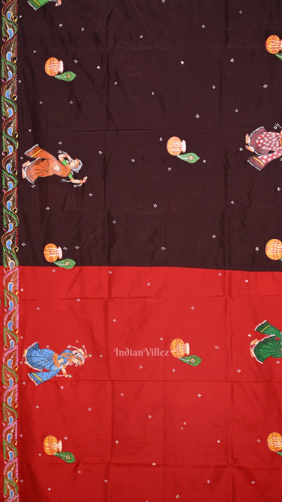 IndianVillèz Red with Coffee Rasaleela Theme Hand-Painted Pattachitra Saree - view 4