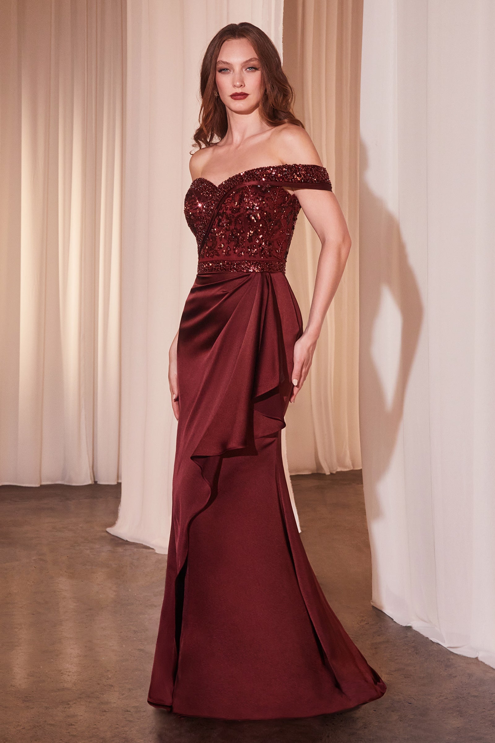 Cinderella Divine Beaded Satin Fitted Off Shoulder Gown by Ladivine CR877