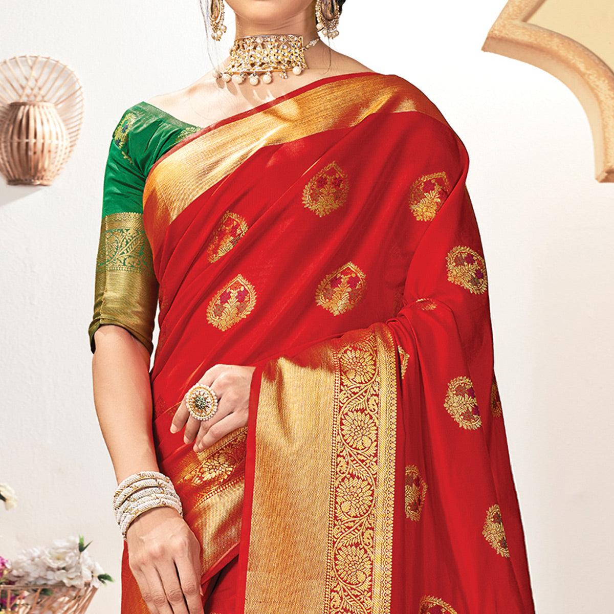 Peachmode Engrossing Red Colored Festive Wear Woven Silk Saree - view 2