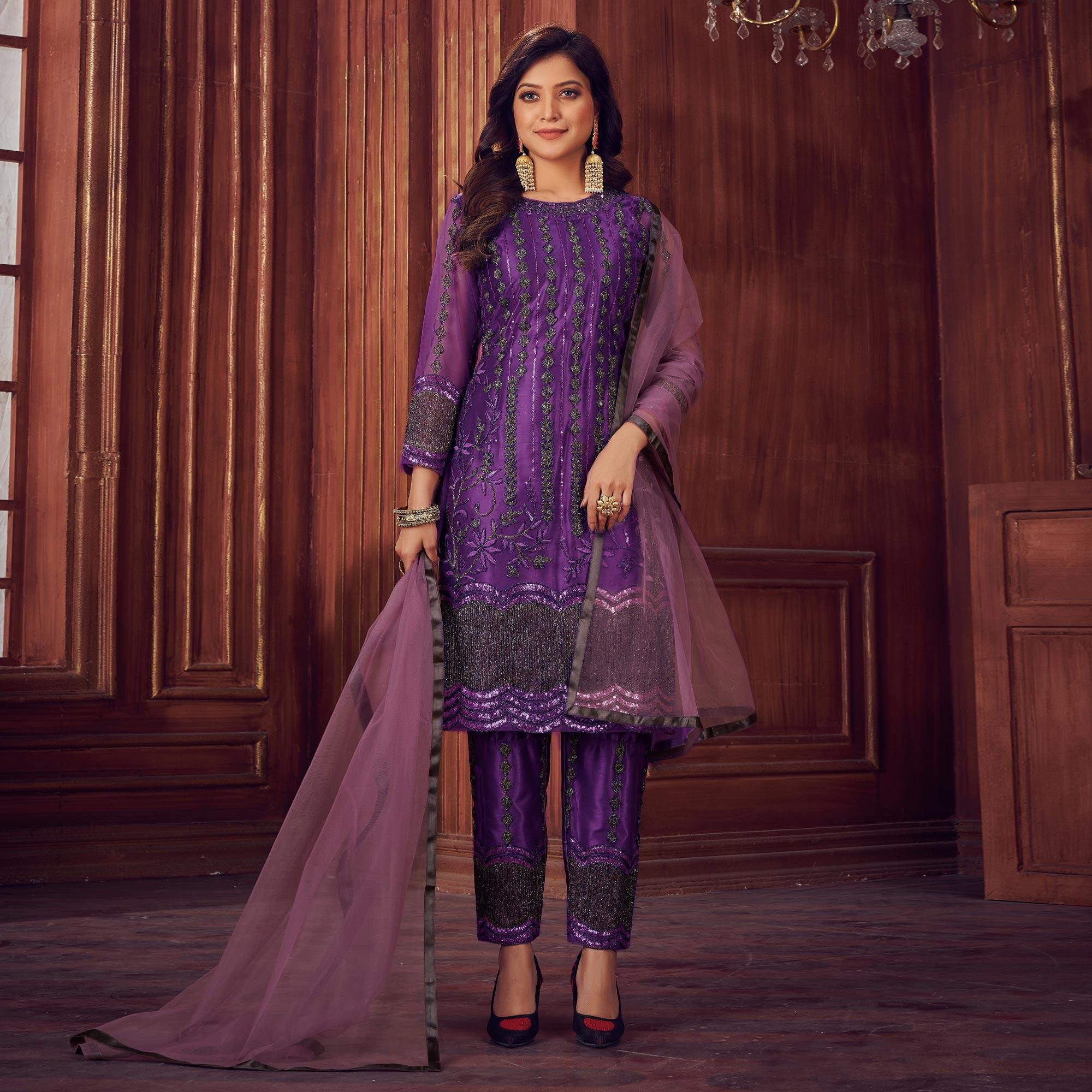 Peachmode Dark Purple Embroidered Netted Suit - view 2