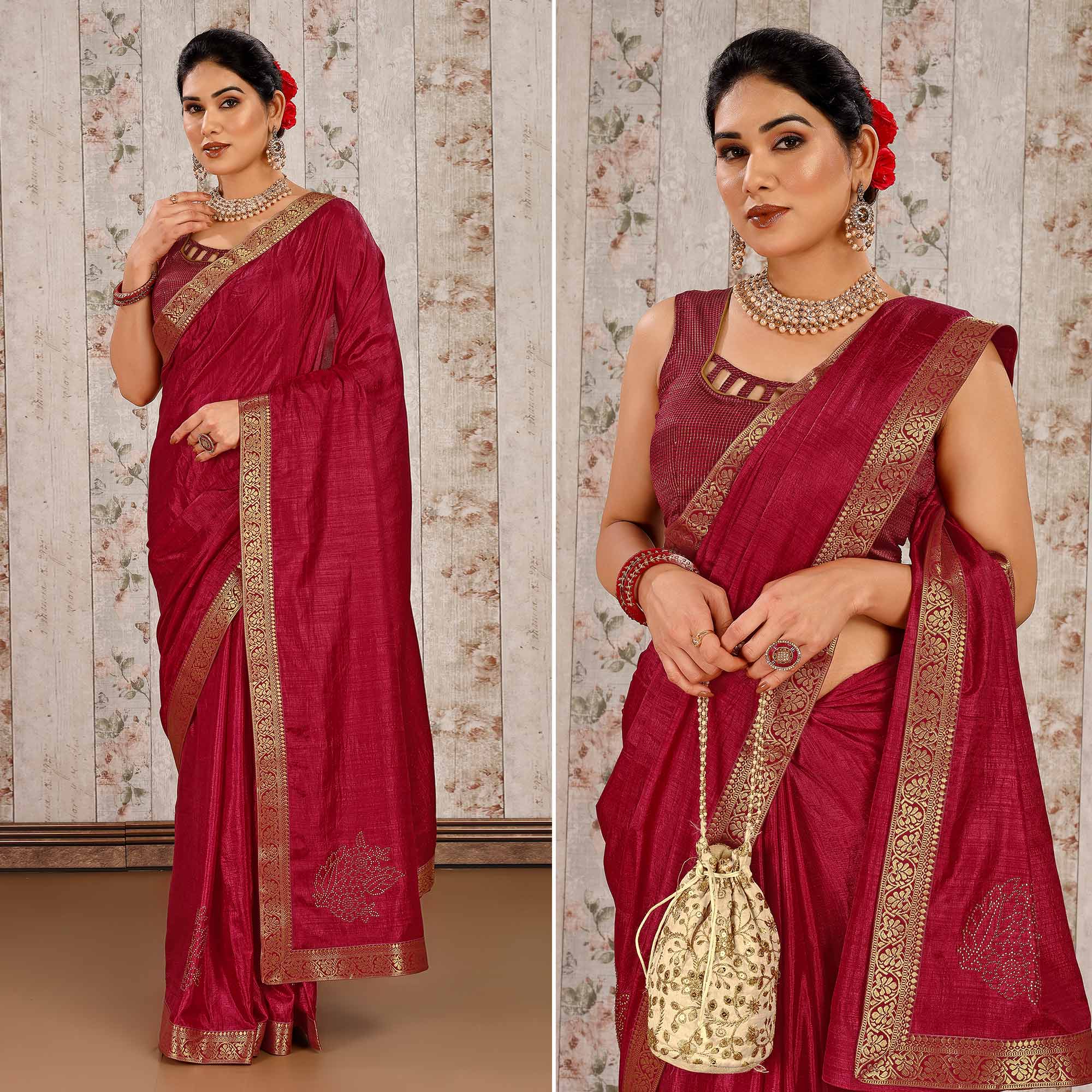 Peachmode Maroon Floral Swarovski Work Vichitra Silk Saree With Lace Border
