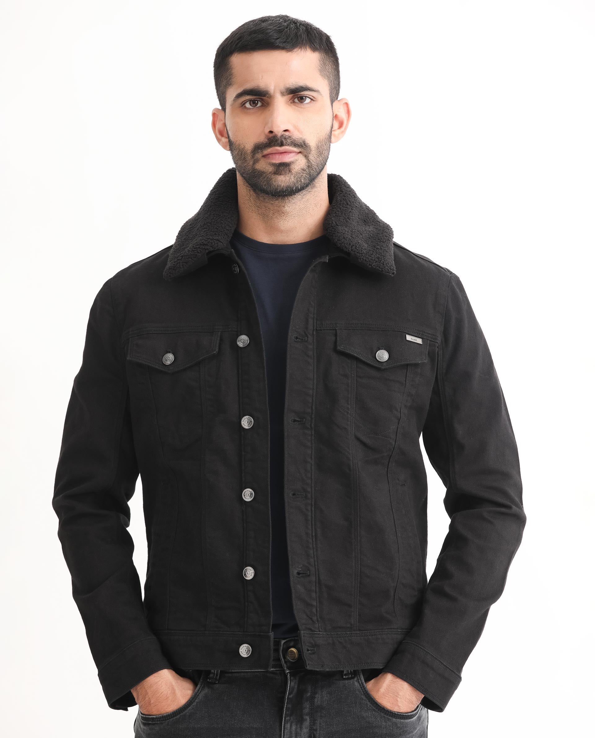 Rare Rabbit Men's Rubik Black Fleece Collar Rinse Wash Denim Trucker - view 2