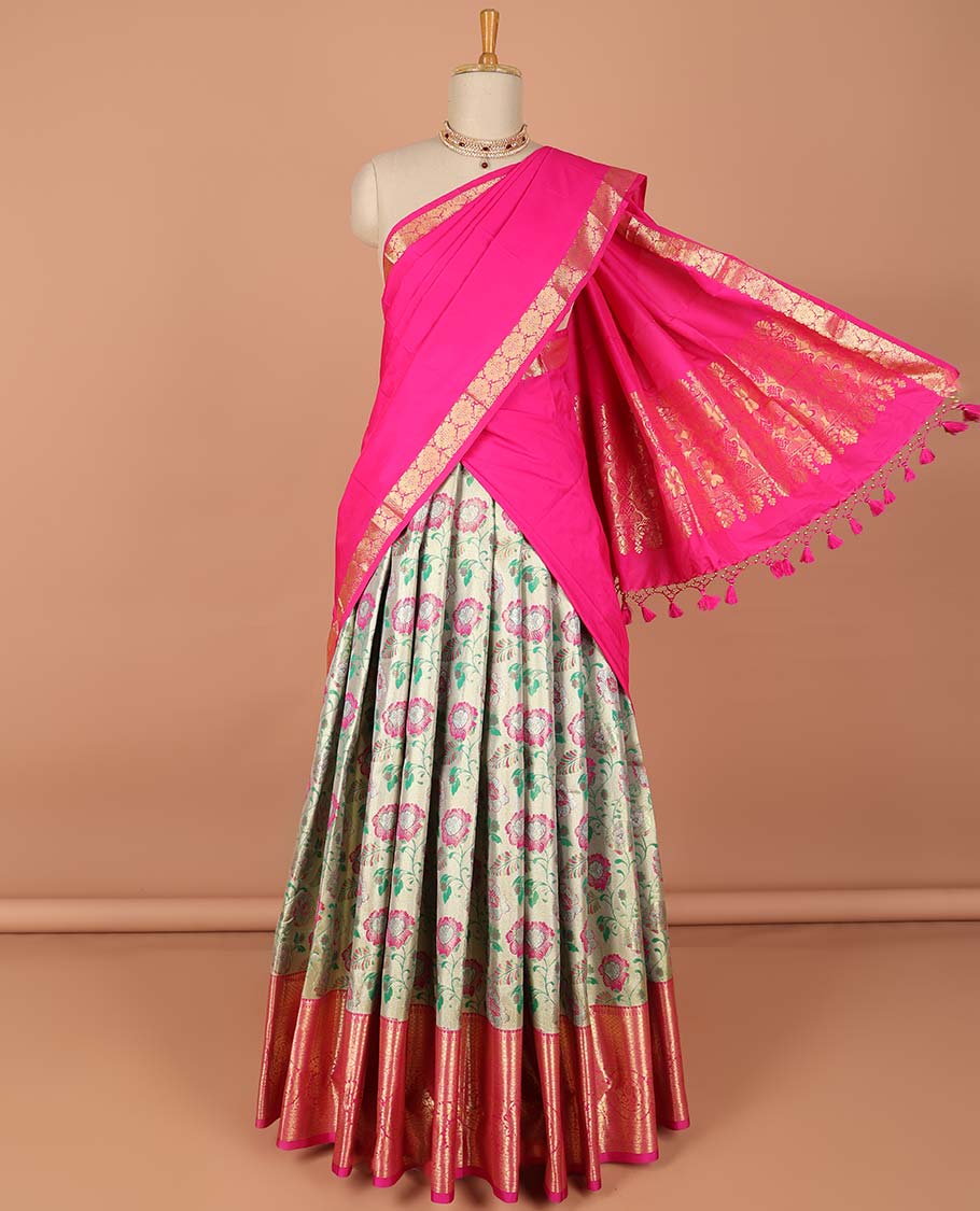 Pothys Green floral design art-silk half saree, contrast traditional zari border, zari design blouse & floral zari design dhavani