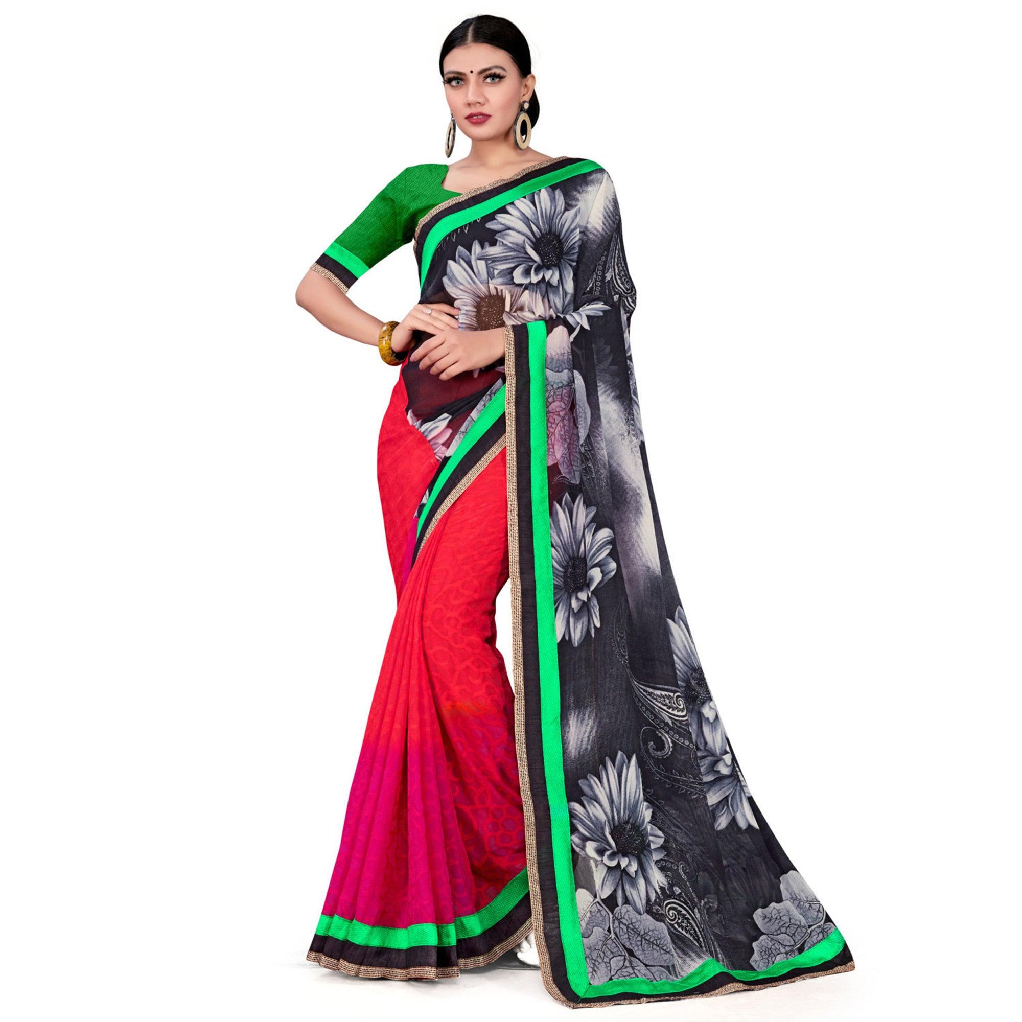 Peachmode Hypnotic Black-Pink Colored Party Wear Floral Printed Georgette half-half Saree