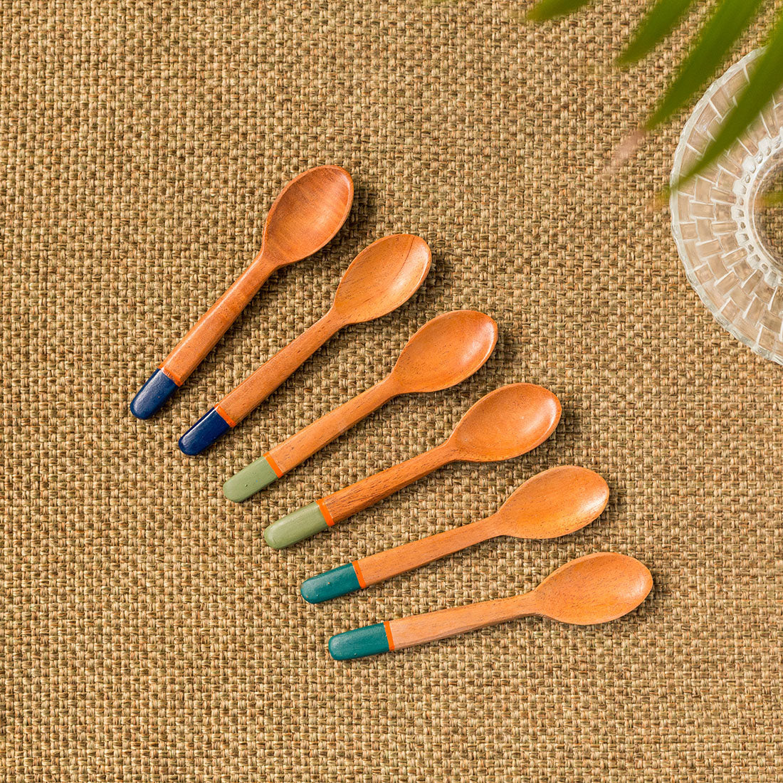 EXCLUSIVELANE 'The Peacock Spoonfuls' Handpainted Teaspoons In Neem Wood (Set of 6, 4.8 Inch)