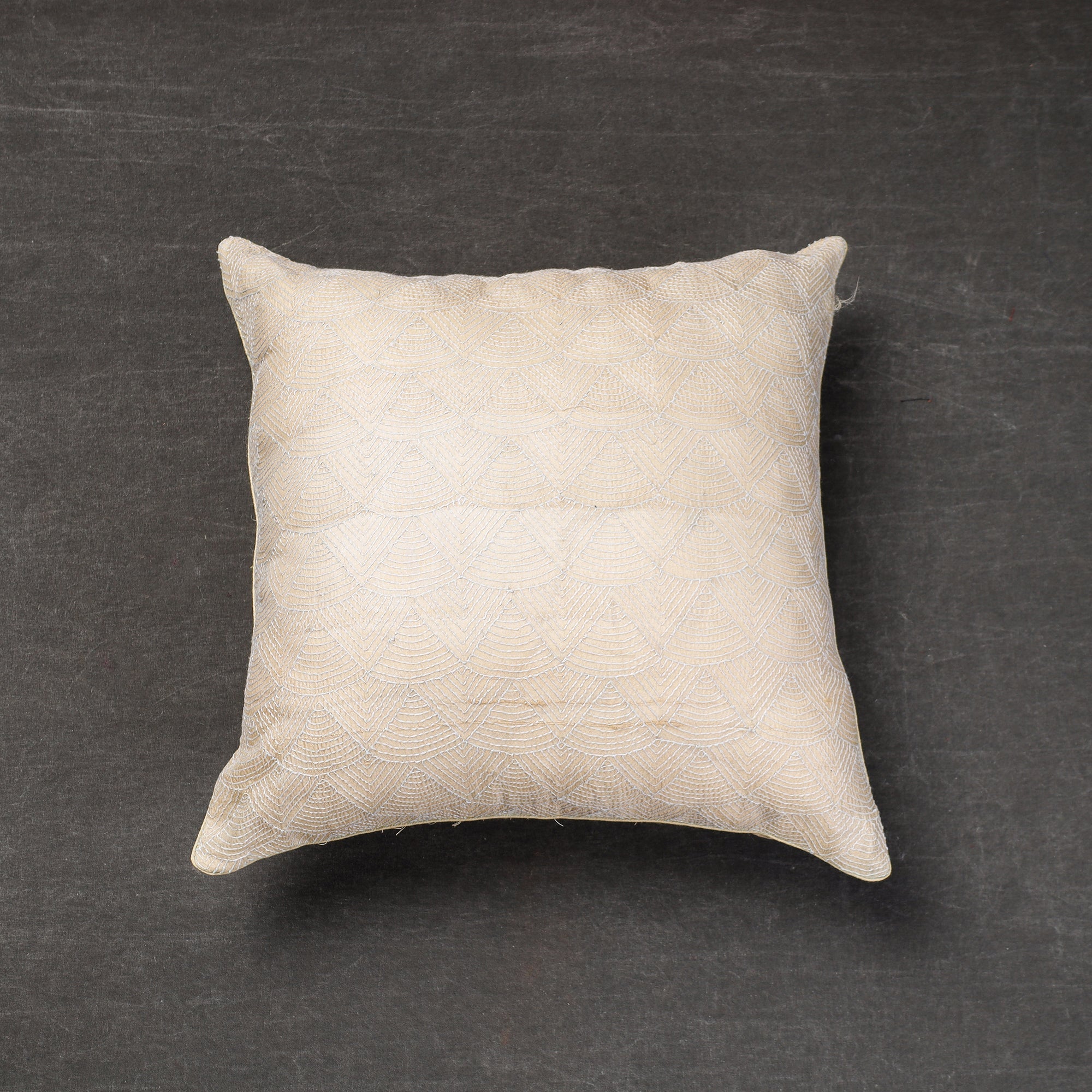 NOORI BAZAR Beige - Bengal Kantha Embroidery Tussar Silk Cushion Cover (16 x 16 in)