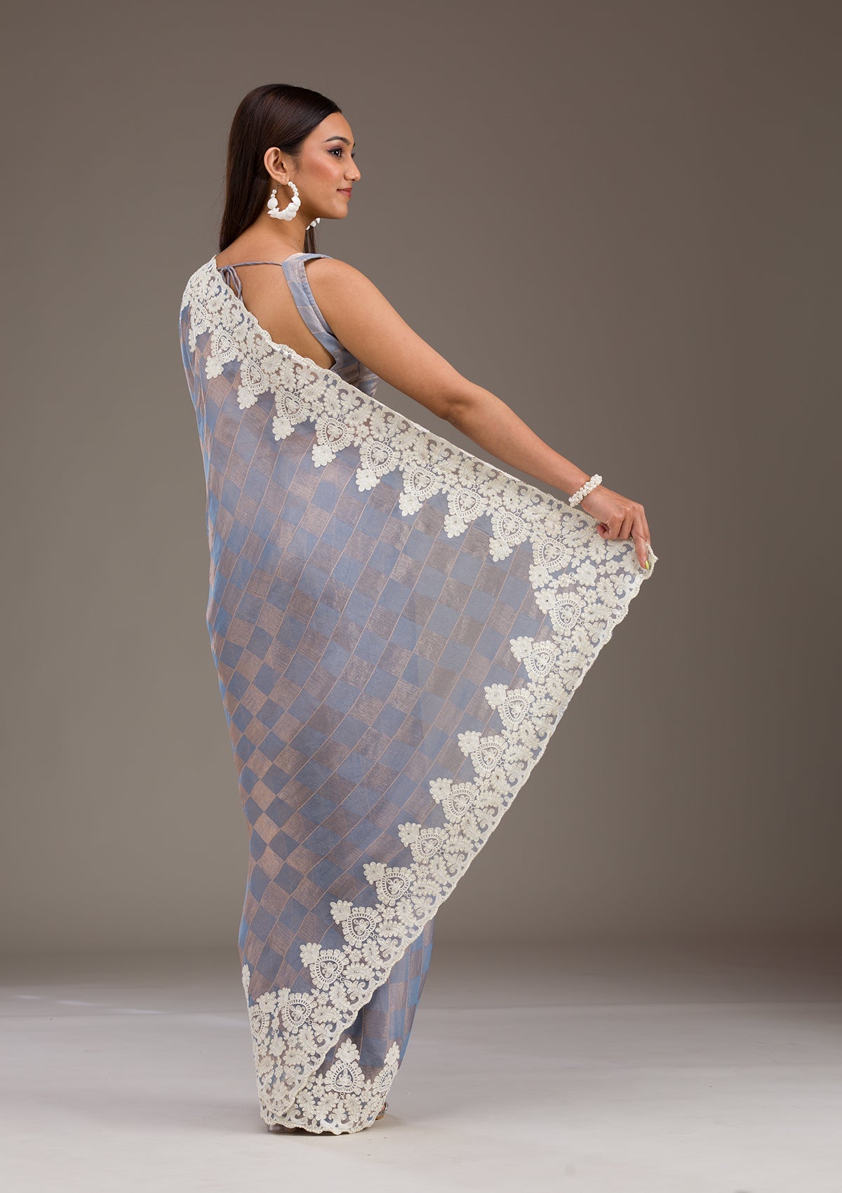 Koskii Grey Pearlwork Tissue Saree – Women's - view 2