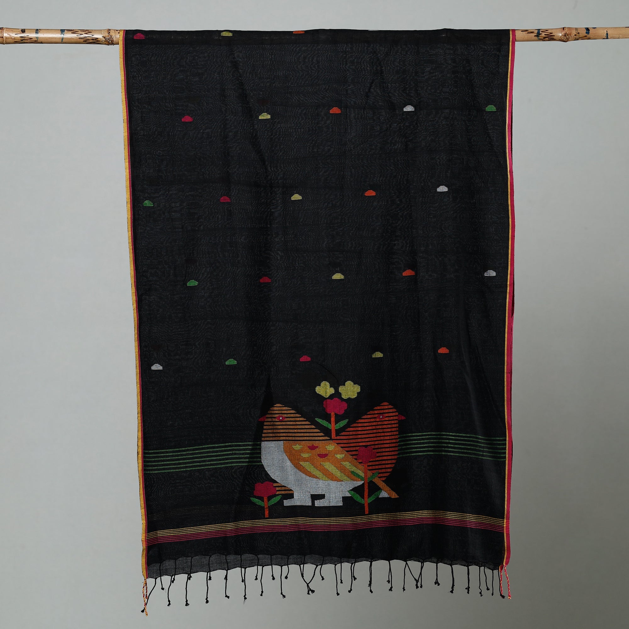 ALANKRITA Black - Jamdani Handloom Cotton Stole with Tassels - view 2