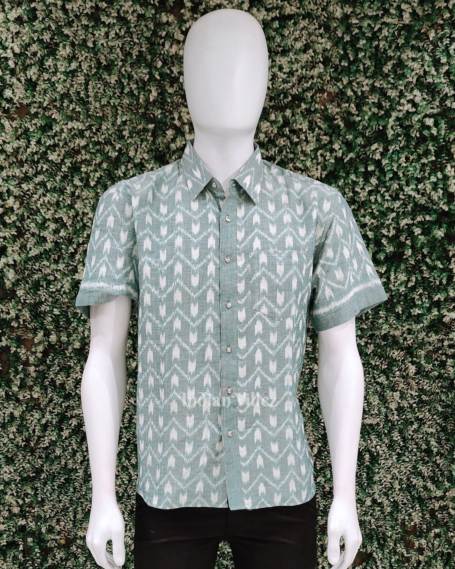 IndianVillèz Mint Green Odisha Ikat Cotton Half Sleeve Shirt for Men