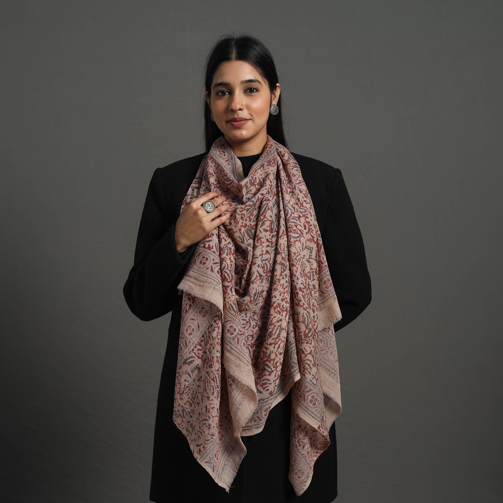 PITCHUKA SRINIVAS KALAMKARI PEDANA Brown - Block Print Pedana Kalamkari Wool Stole 37 - view 2