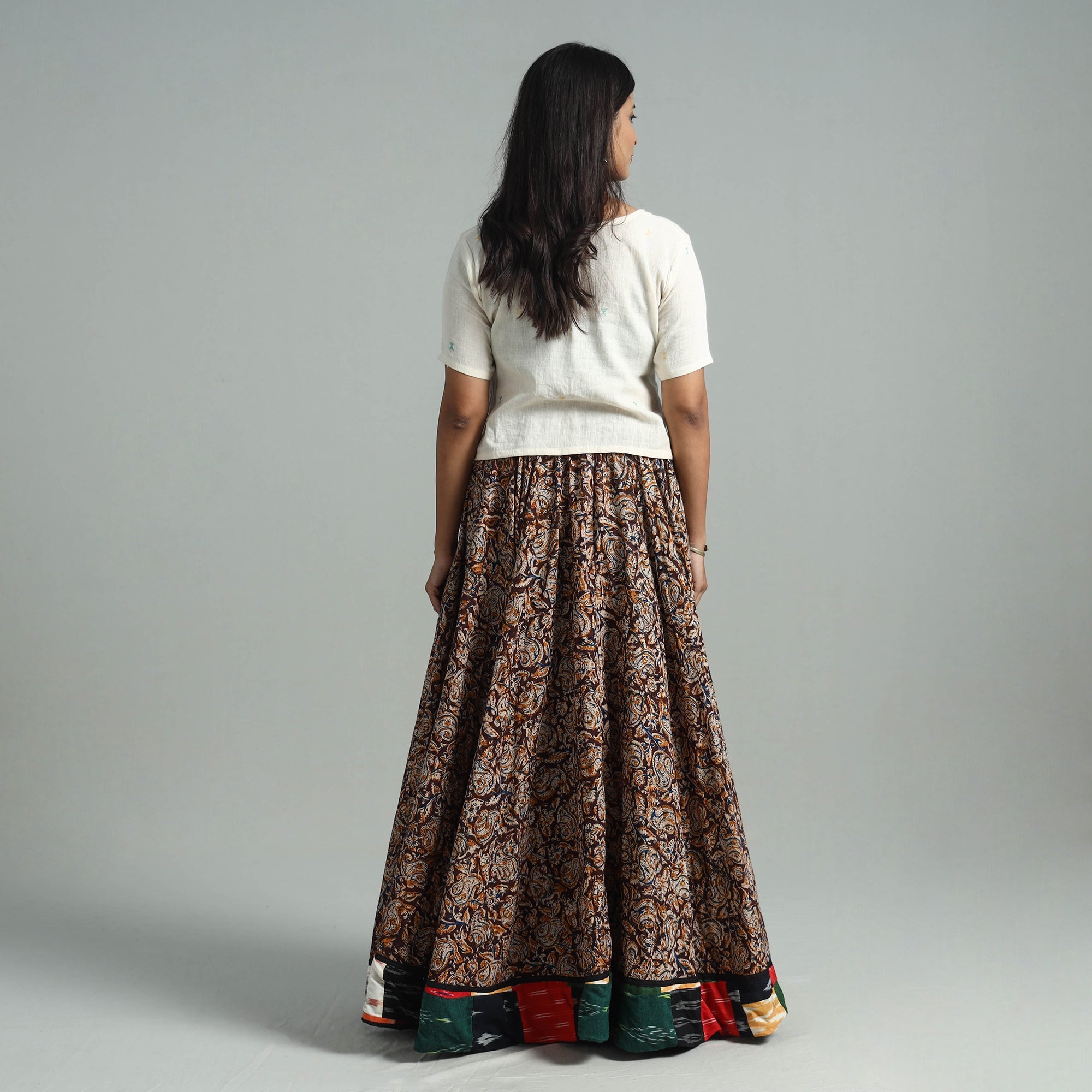 NOORI BAZAR Brown - Hand Block Printed Cotton Long Kalamkari Skirt 14 - view 7