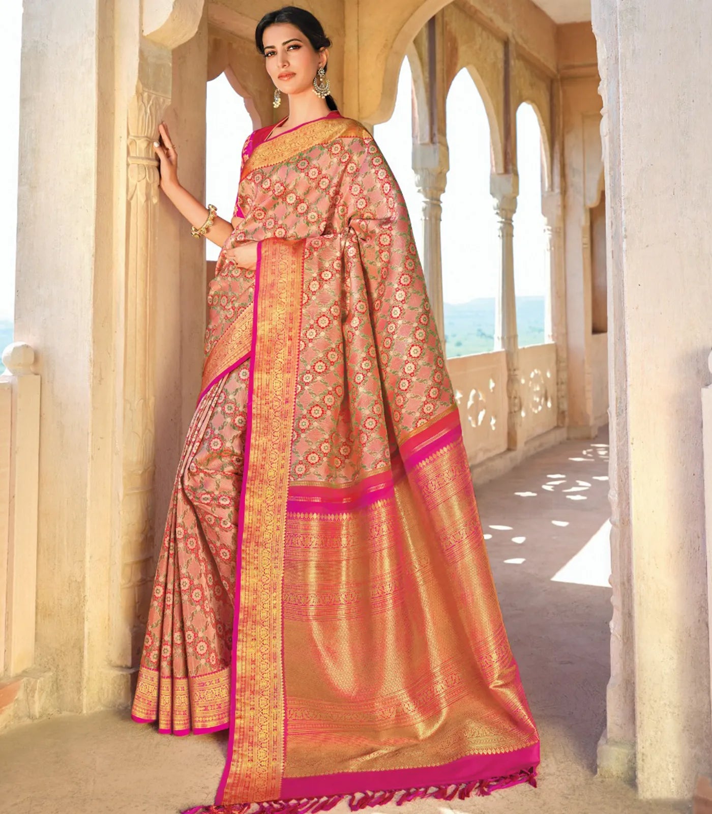 RmKV Multicolour Handloom Kanchipuram Meenakari Kamalam Lino Silk Saree-Multi colour
