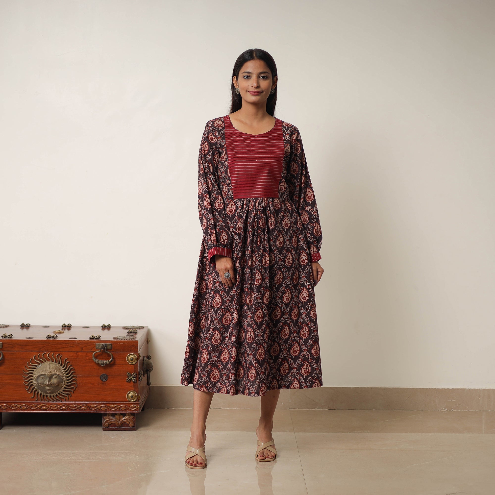 ITOKRI CASUALS Brown - Hand Block Print Cotton Flared Gher Ajrakh Dress 14 - view 2