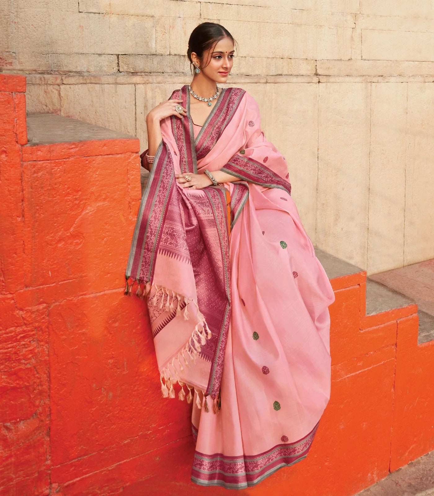 RmKV Baby Pink Handloom Kanchipuram Silk Saree With Meena Buttas
