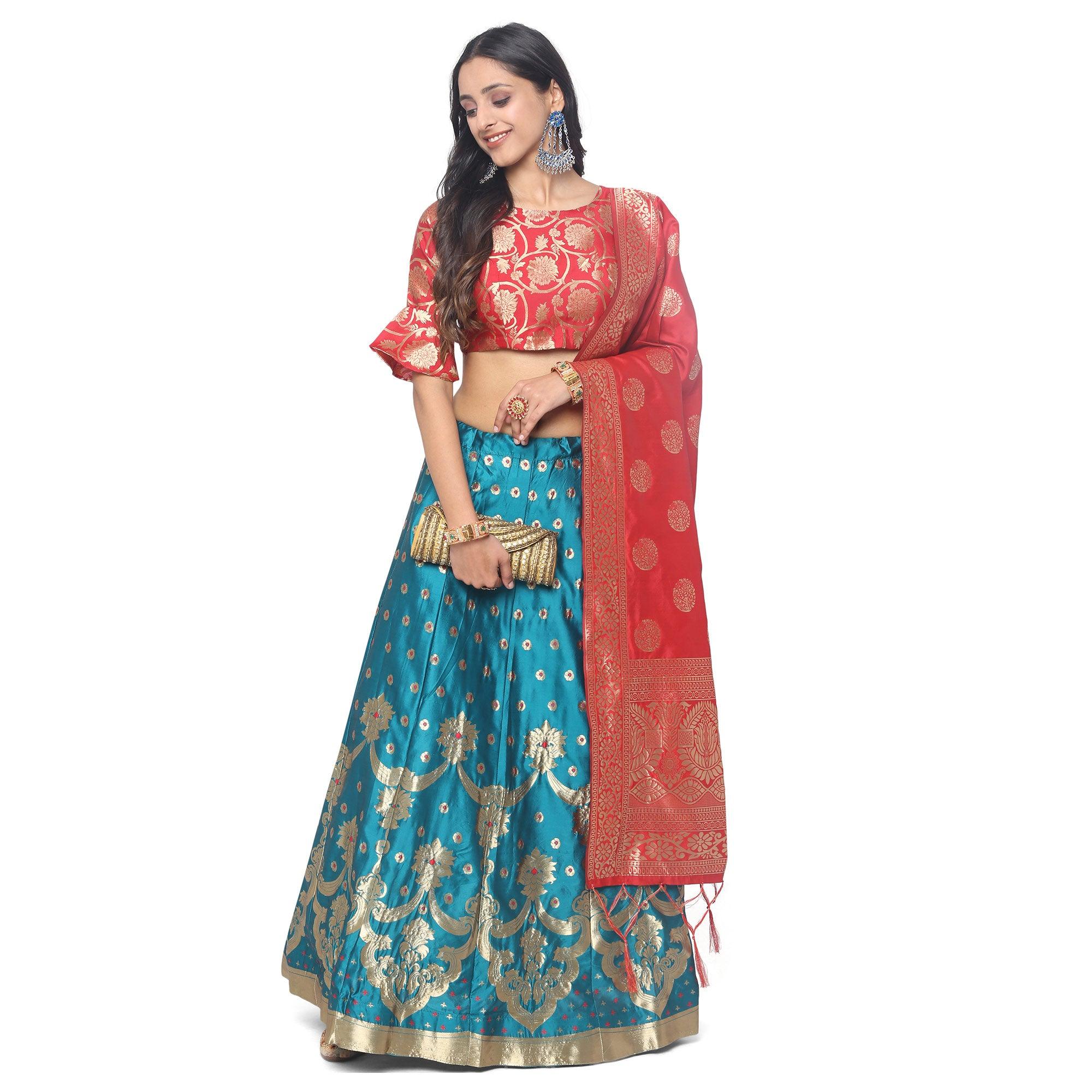 Peachmode Blue-Red Festive Wear Woven Jacquard Lehenga Choli - view 9