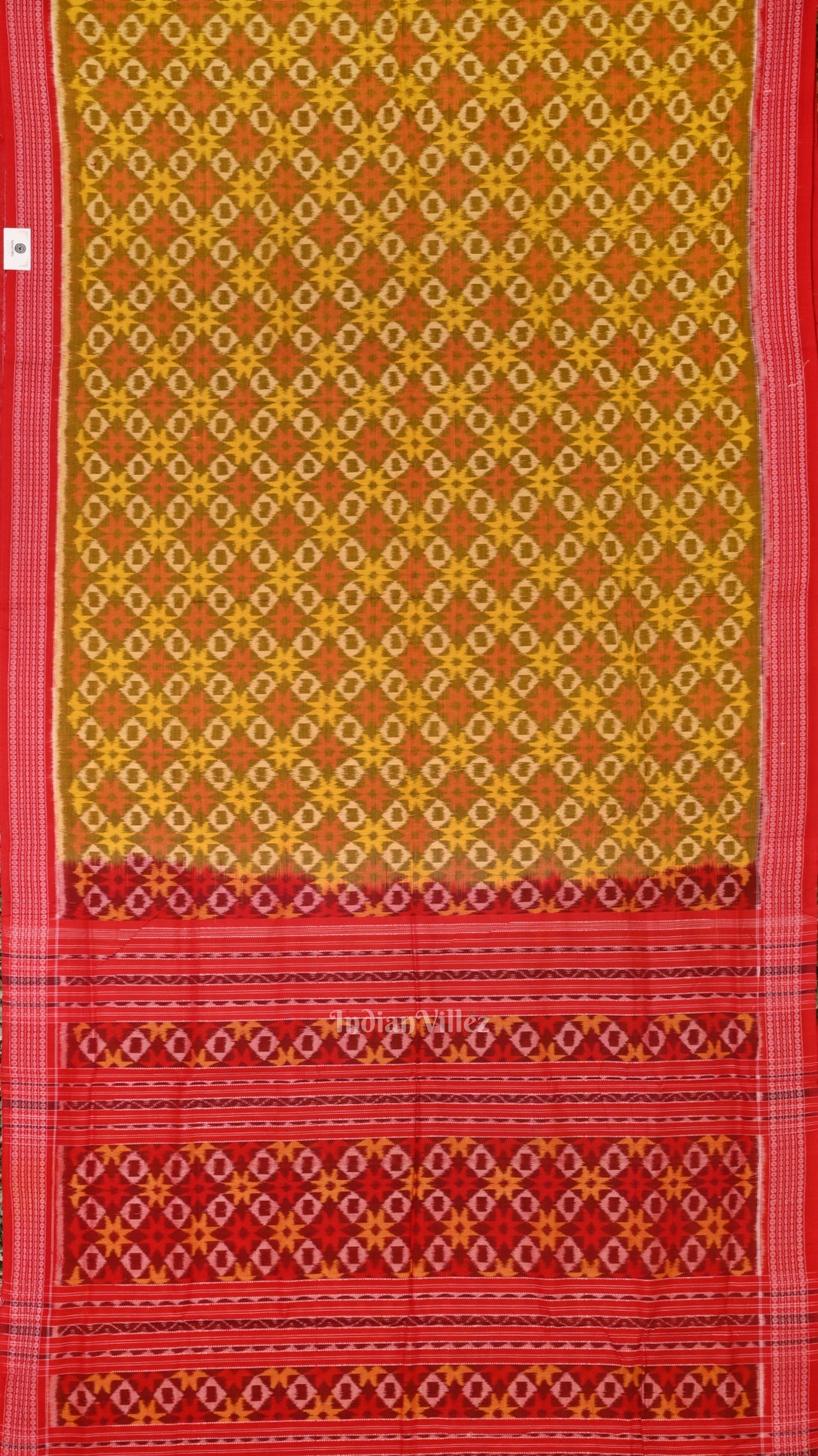 IndianVillèz Lemon Yellow Red Ikat Sambalpuri Pure Cotton Saree