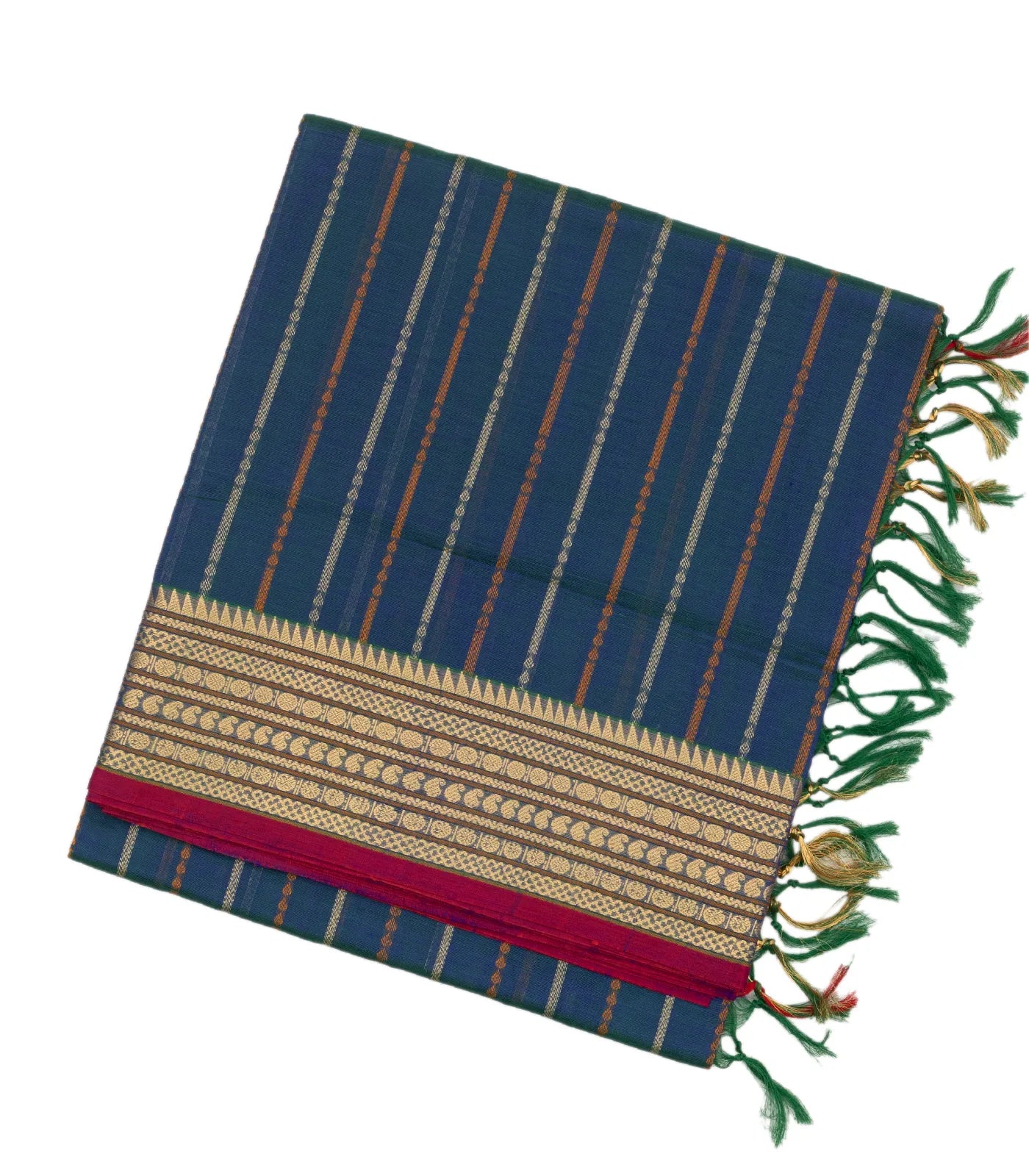 RmKV Blue Handloom Silk Cotton Saree With Stripes & Zari Border