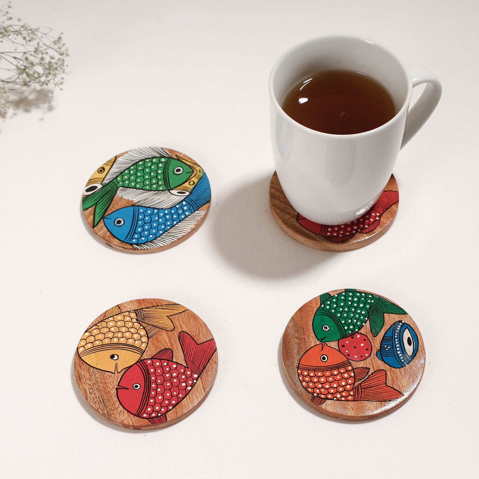 ITOKRI CRAFTS INITIATIVE Bengal Patua Handpainted Akashmoni Wooden Coasters (Set of 4)