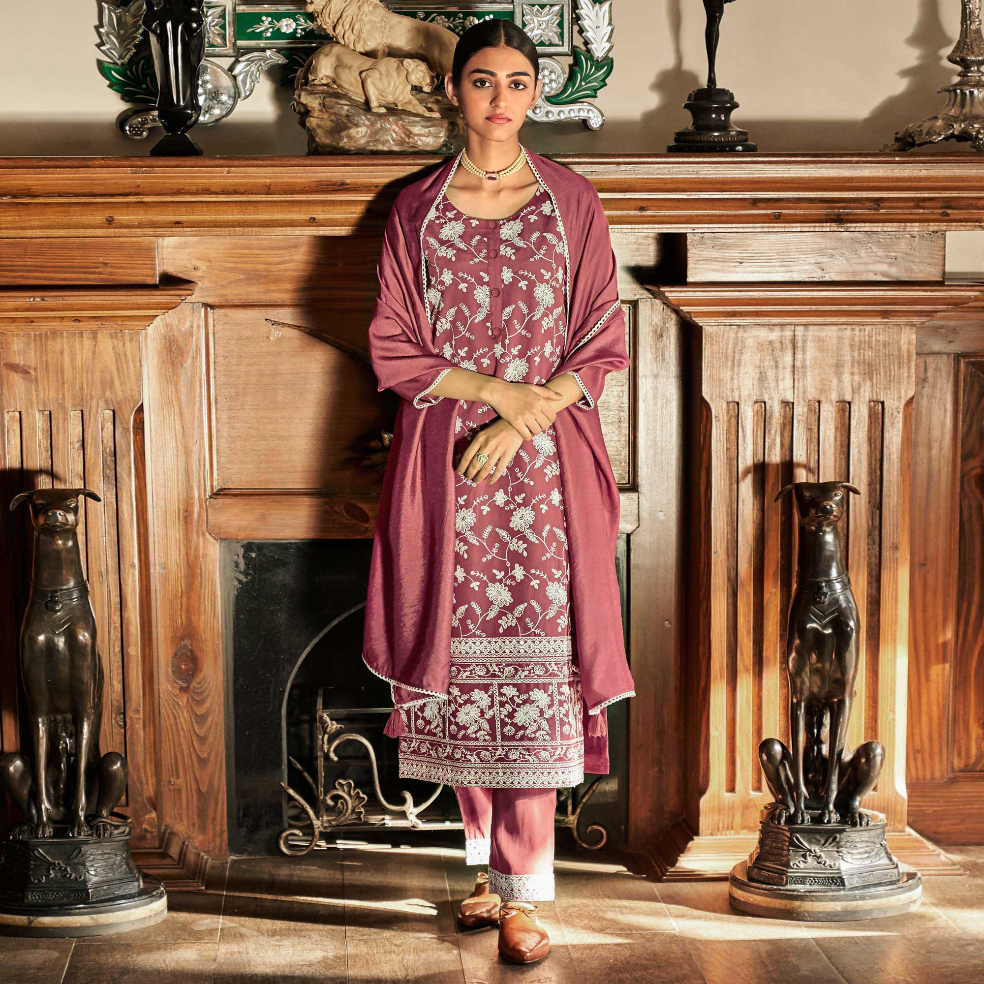 Peachmode Seller Brick Red Lucknowi Embroidered Modal Salwar Suit - view 2