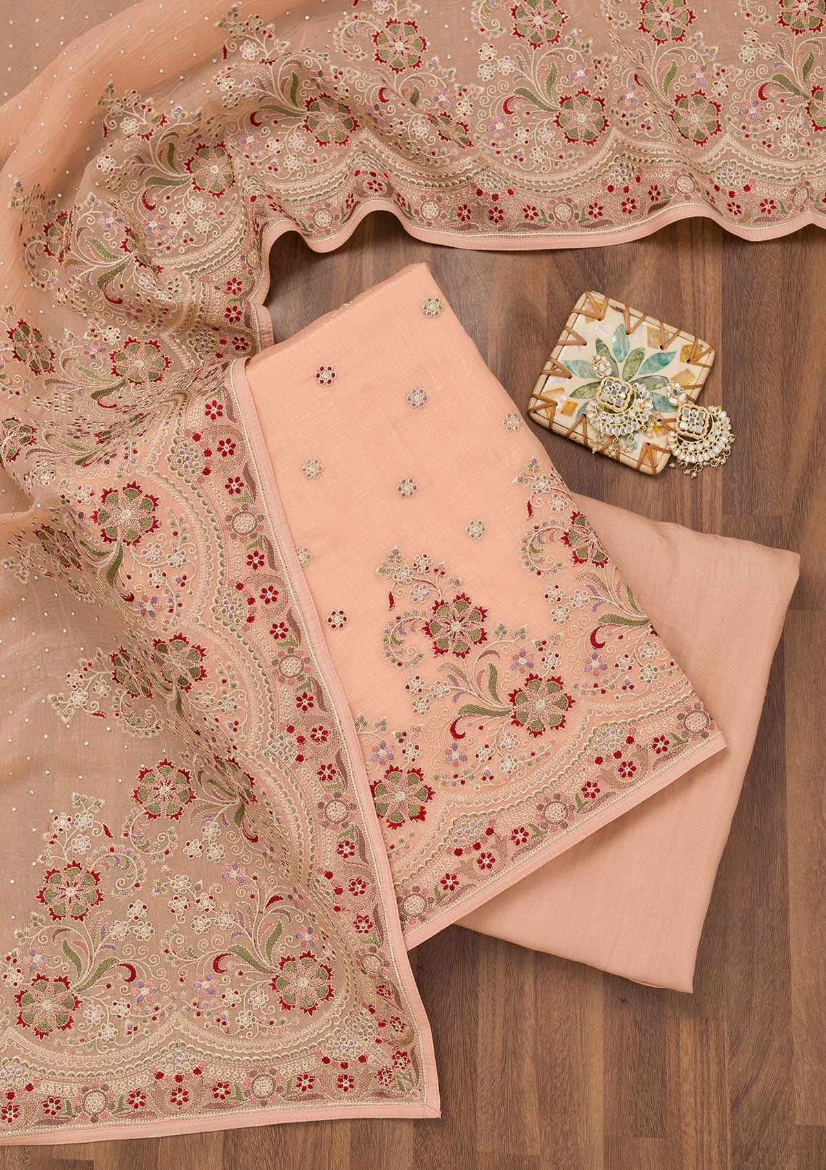Koskii Peach Threadwork Semi Crepe Unstitched Salwar Suit