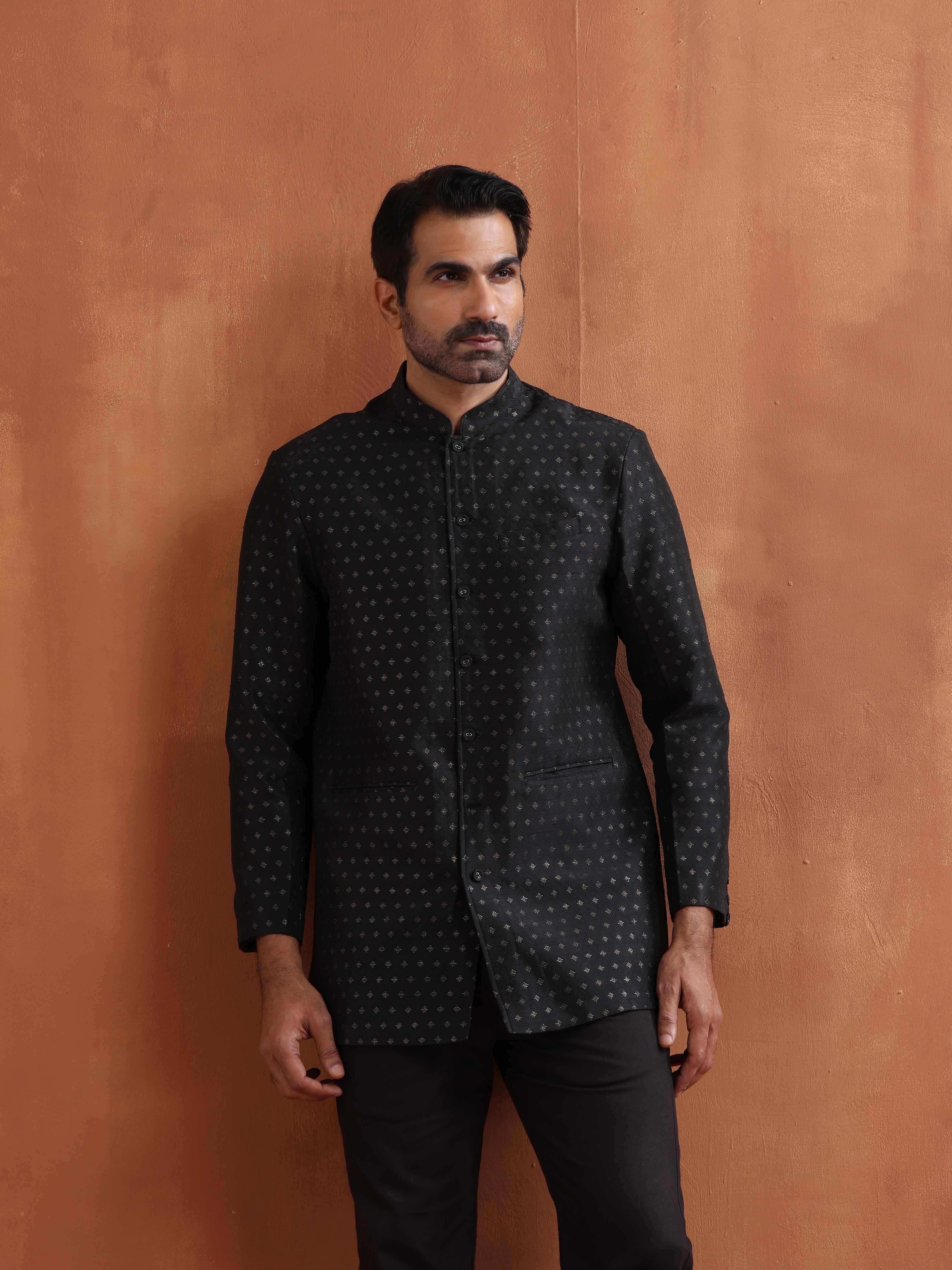 trueBrowns Men's Black Chanderi Long Jacket - view 2