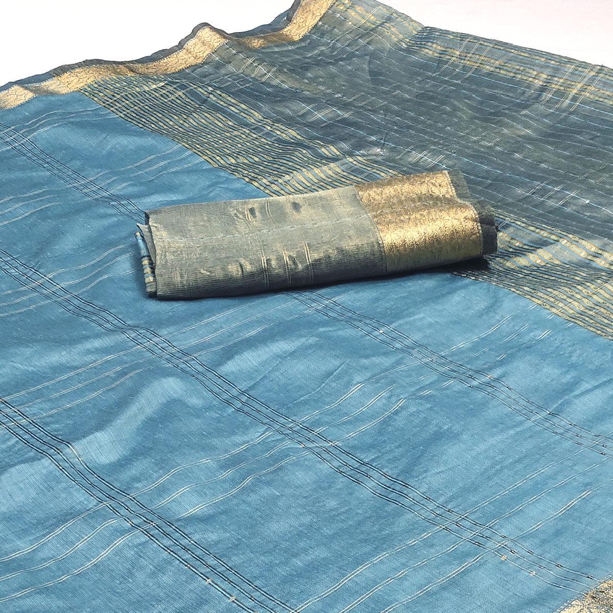 Peachmode Blue Woven-Sequins Work Chanderi Saree - view 2