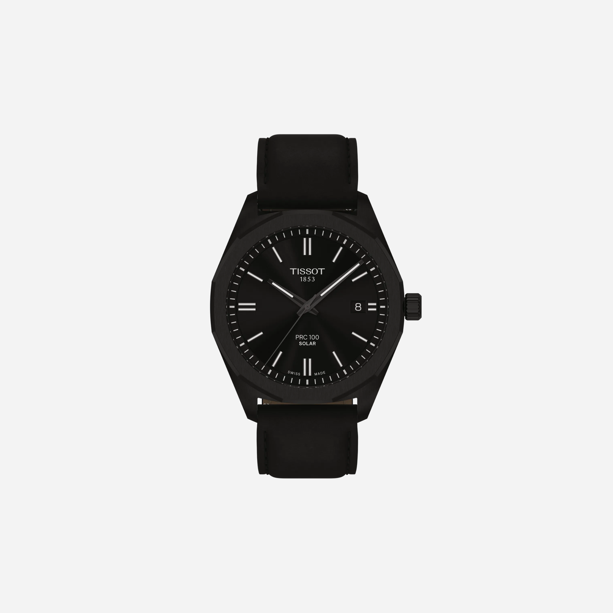 Tissot PRC 100 Solar Quartz Black Dial Black Leather Strap Watch 39mm