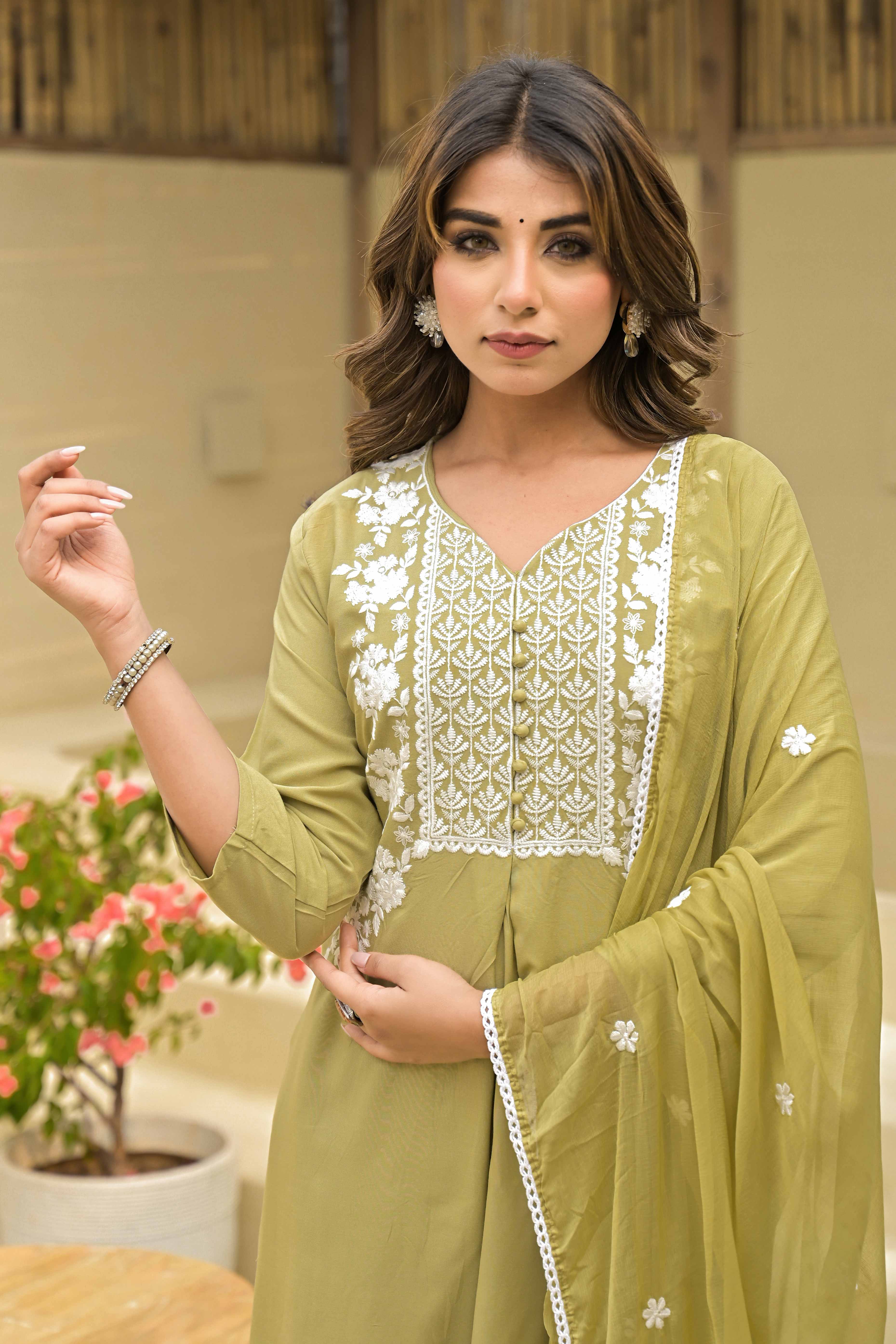 Peachmode Light Chikoo Floral Embroidered Rayon Salwar Suit - view 8