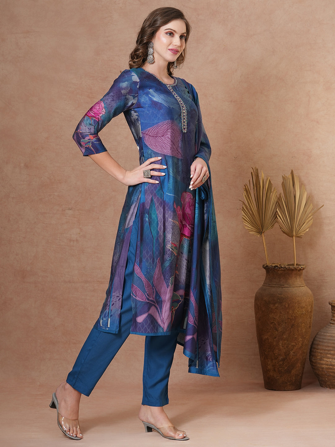FASHOR Abstract Floral Printed Straight Fit Kurta with Pant and Dupatta - Blue