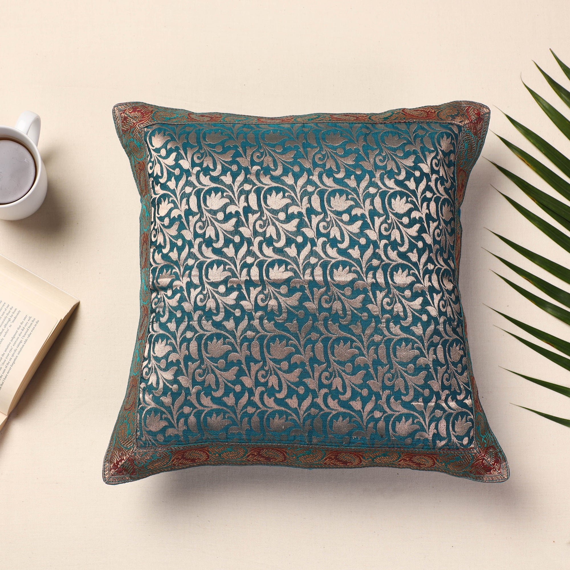 BANARASI BY MAQBUL HASAN Blue - Banarasi Handwoven Silk Zari Cushion Cover (16 x 16 in)