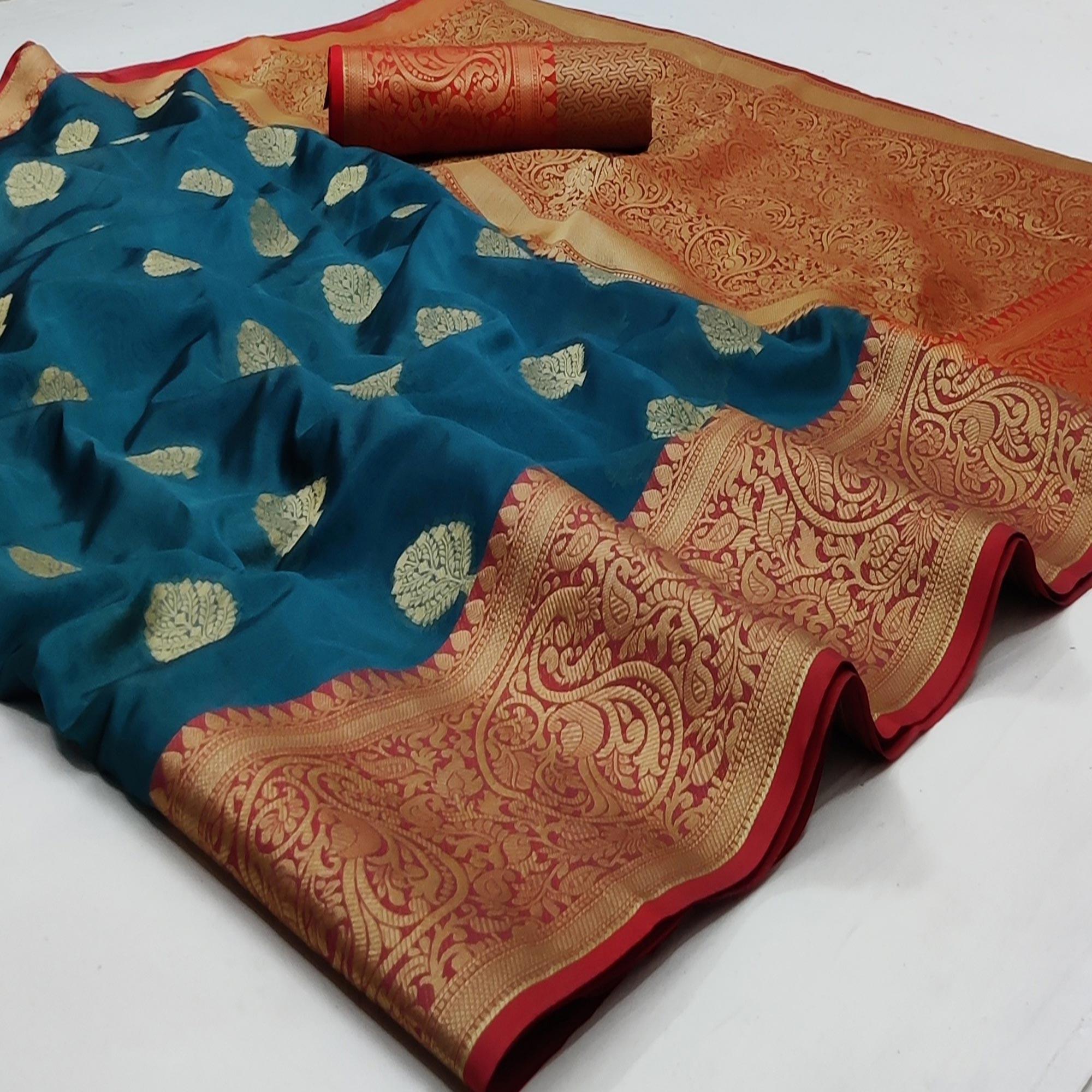 Peachmode Ferozi Festive Wear Woven Silk Saree