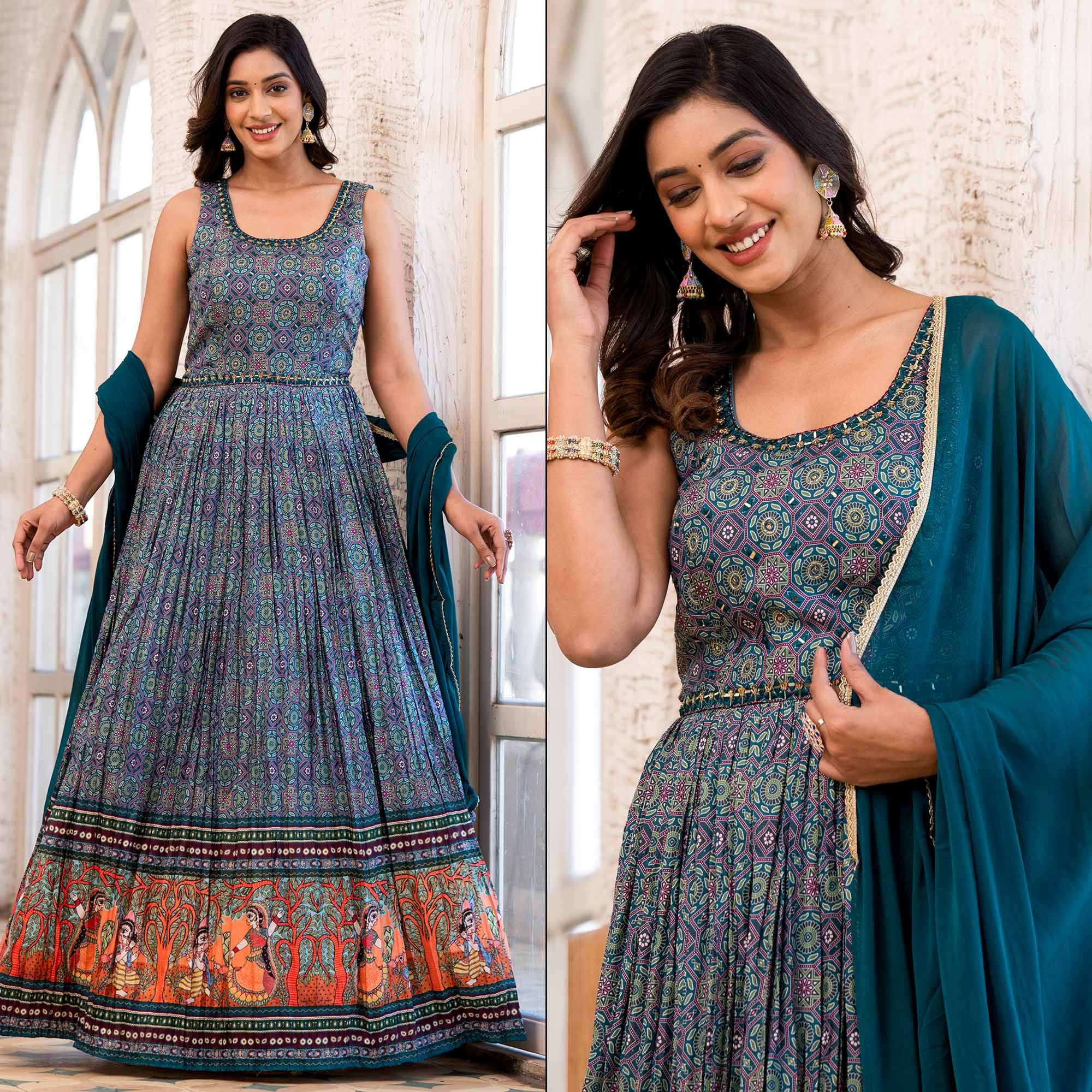 Peachmode Seller Morpich Blue Printed Dola Silk Anarkali Style Gown With Mirror Work